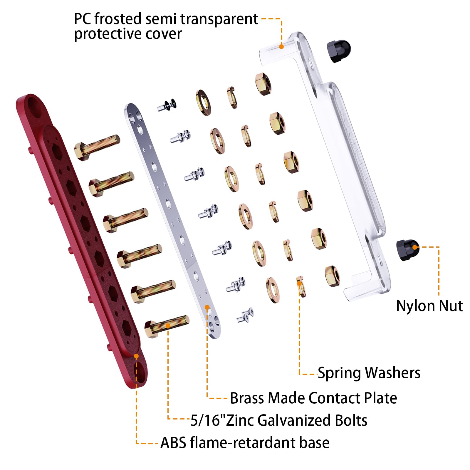 Mofeez Power Distribution Block Bus Bar, 6 X 5/16'' Posts, 10 X #8 Screws Terminals, Max 48V 250A (Pair, Red & Black)