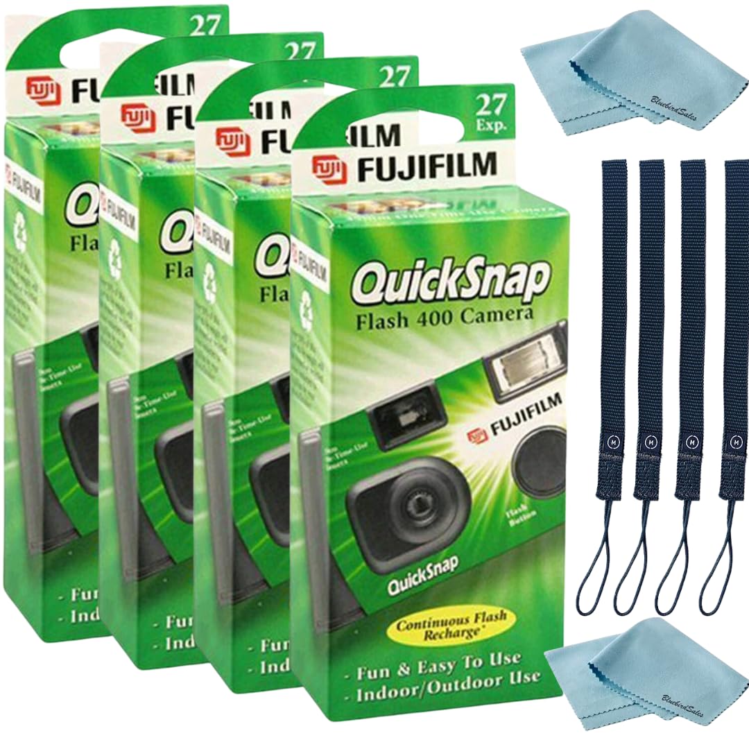 Fujifilm Quicksnap Flash 400 Disposable 35Mm Camera � 4 Pack � 4 Hand Straps � 2 Bluebirdsales Microfiber Cloth, Green, 7033661