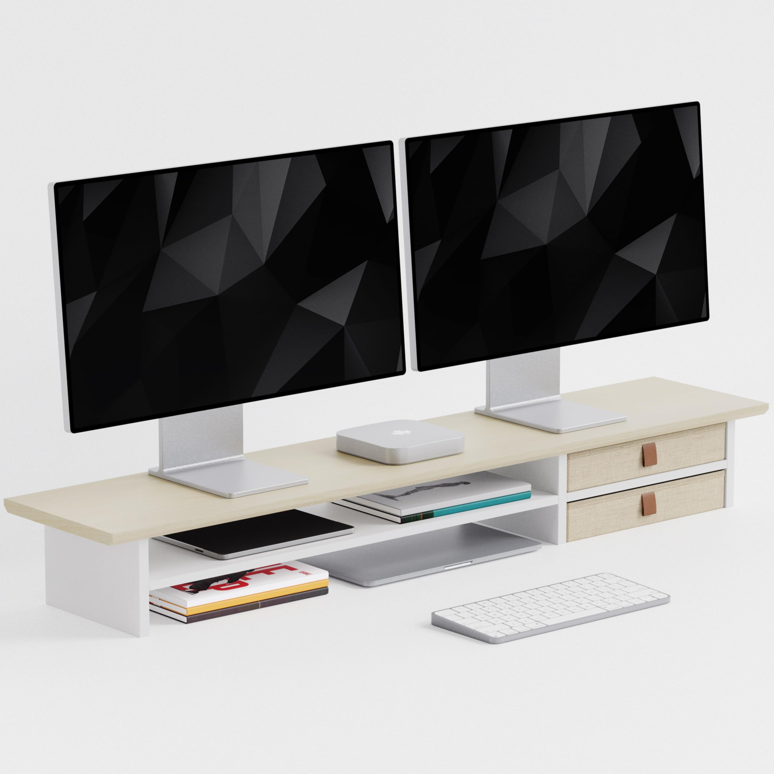 FENSULN DualTier Monitor Stand Riser with Drawers, Desktop Organizer Shelf Storage for Computer Screen 2 Monitors, Supports for