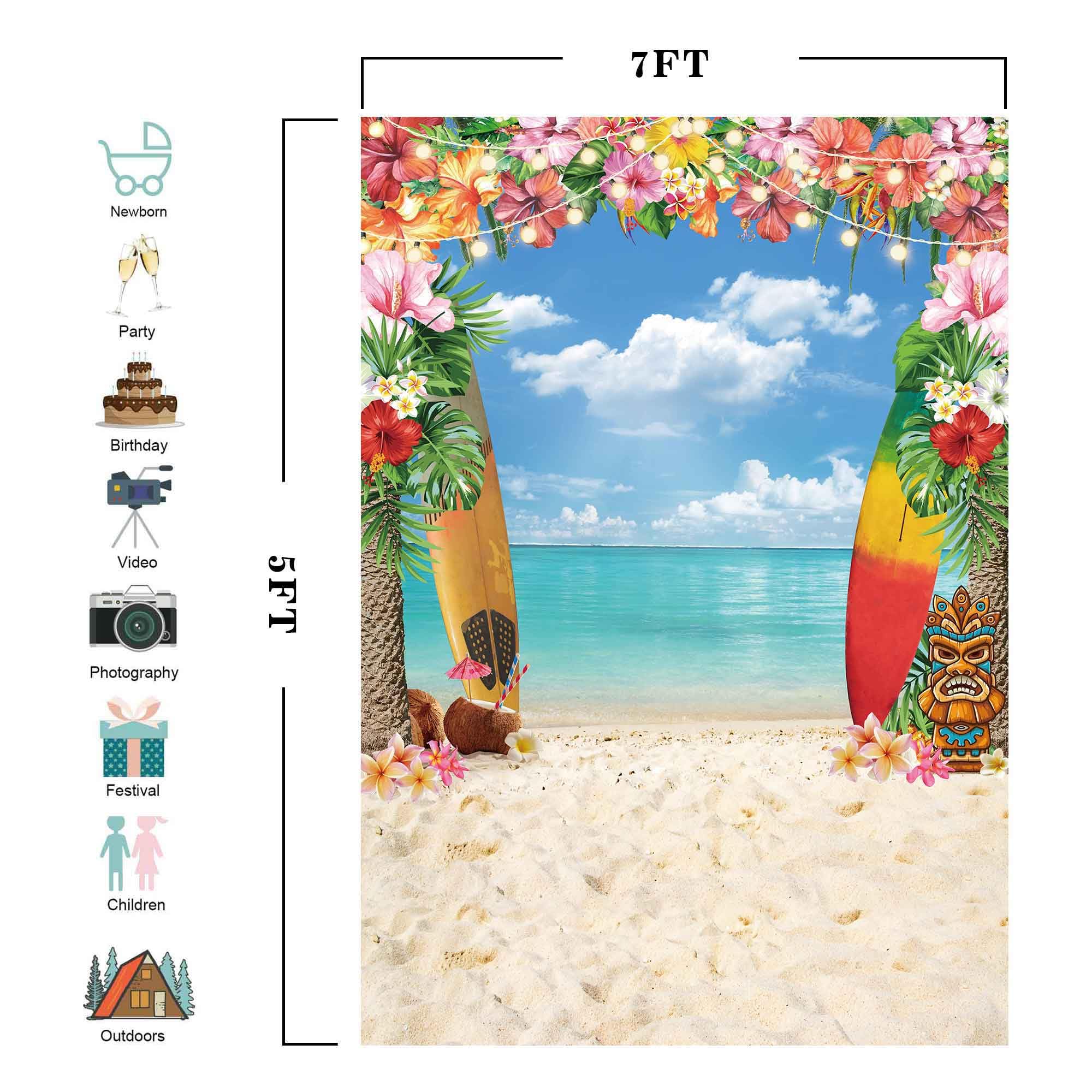 Livucee 5X7Ft Summer Hawaiian Beach Backdrop For Photography Tropical Flower Luau Hawaiian Party Decorations Aloha Blue Sky Ocea
