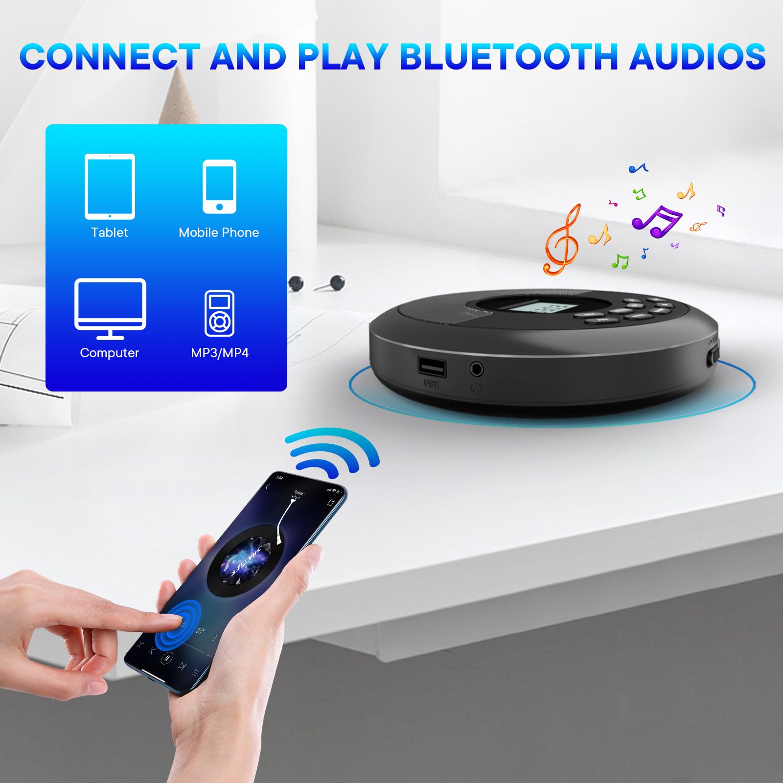 Hayerpor Portable Cd Player Bluetooth:Rechargeable Walkman Cd Player With Speakers And Headphones,Small Cd Player For Car Plug I