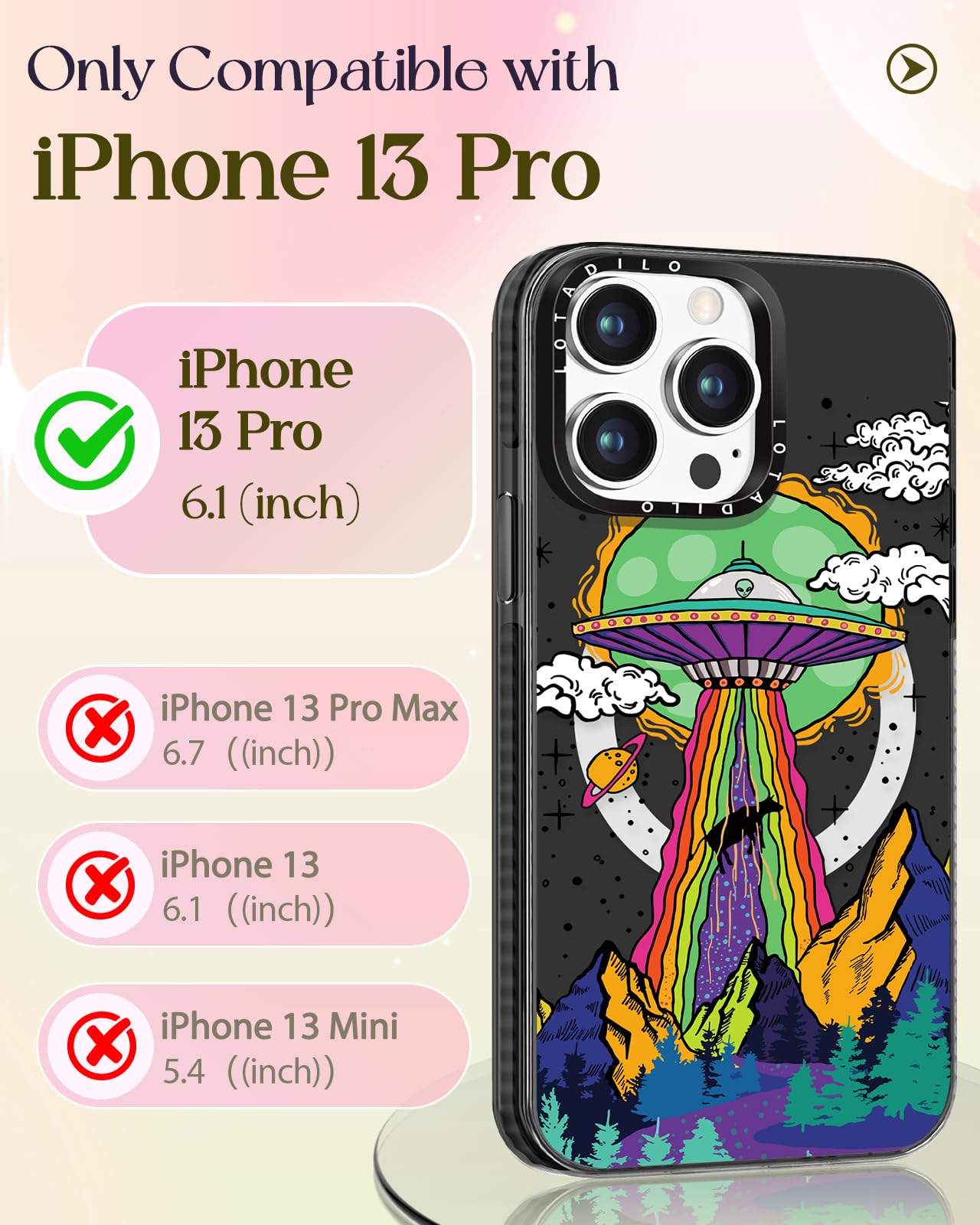 Lotadilo For Iphone 13 Pro Case For Women Girls - Cute Design Compatible With Magsafe Magnetic Ring Holder Stand Ufo Alien Aesth