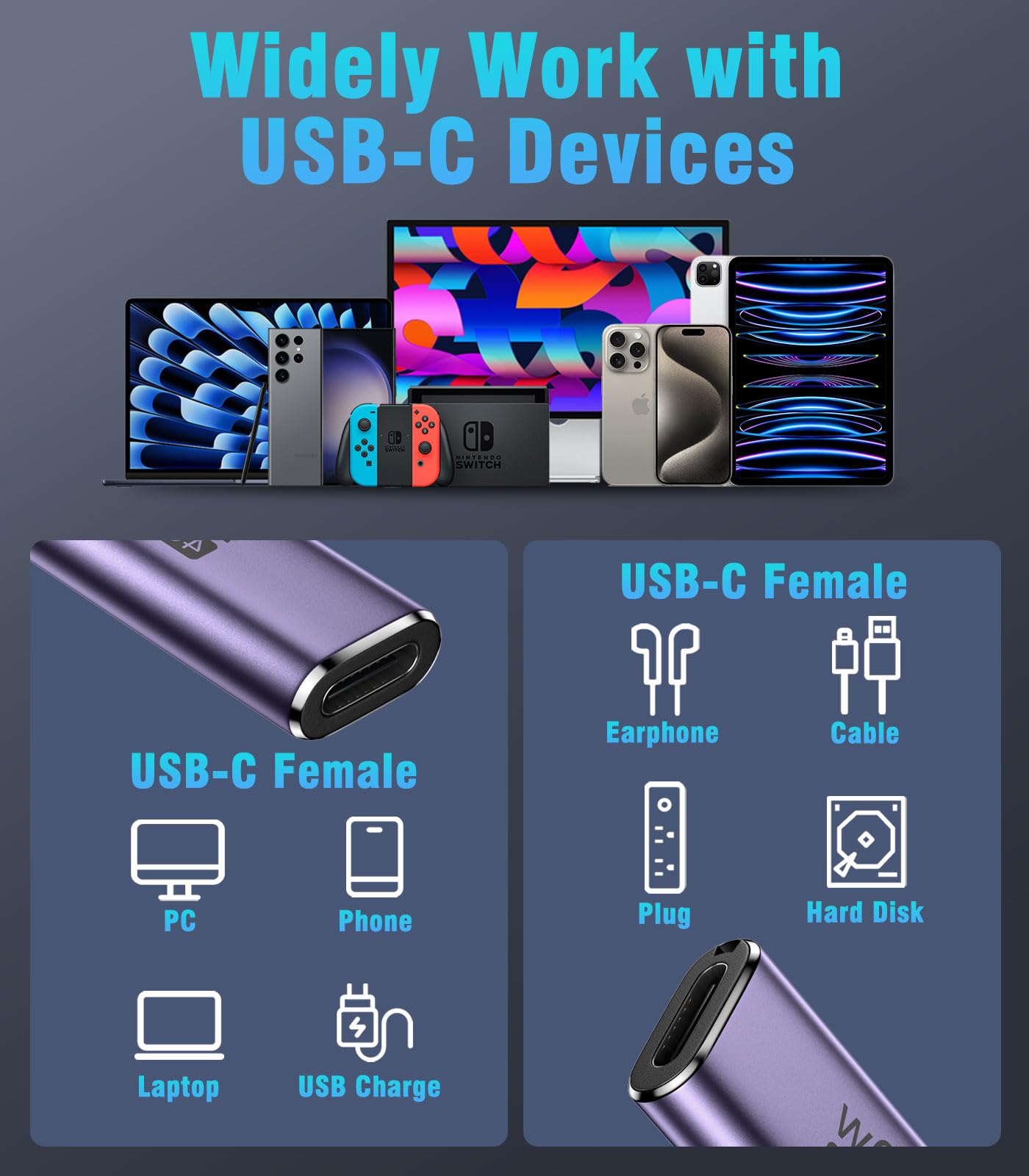 MoKo USB C Female to Female Adapter, USB C Coupler Supporting 240W Fast Charging/40Gbps Data Transfer, USB Type C Extender with 8K@60Hz Video for MacBook, iPad, Thunderbolt 4/3 2 Pack