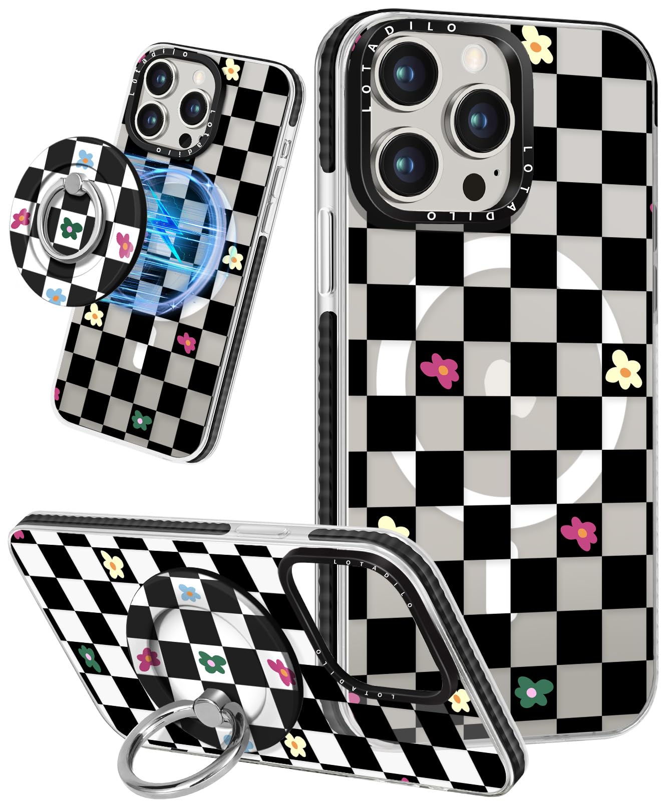 Lotadilo for iPhone 13 Pro Case for Women Girls - Cute Design Compatible with Magsafe Magnetic Ring Holder Stand Black Flower Ae