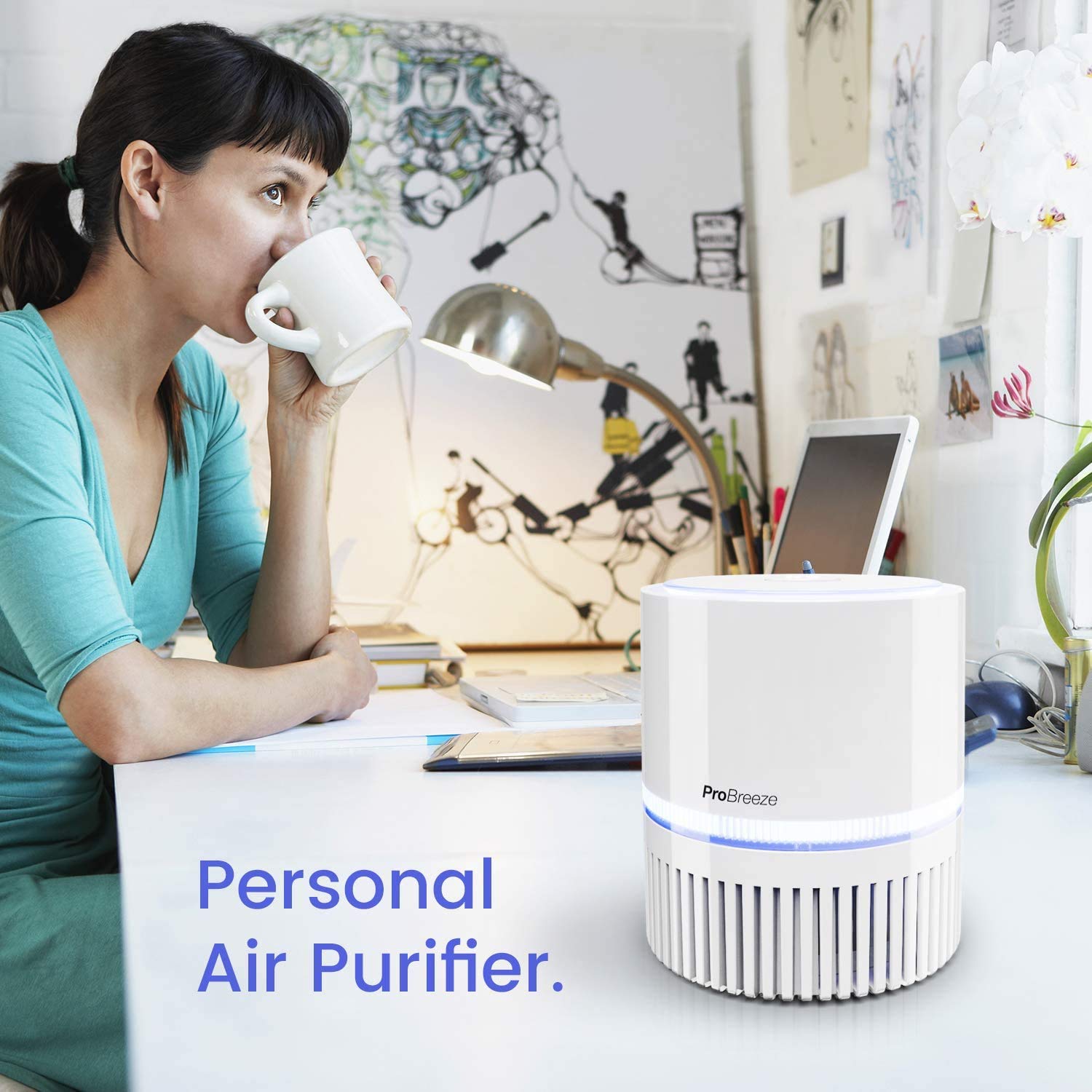 Pro Breeze HEPA Air Purifier - True HEPA Filter, 99.7% Smoke & Dust, Mini Desktop Model PB P02F with Night Light & Ion Generator