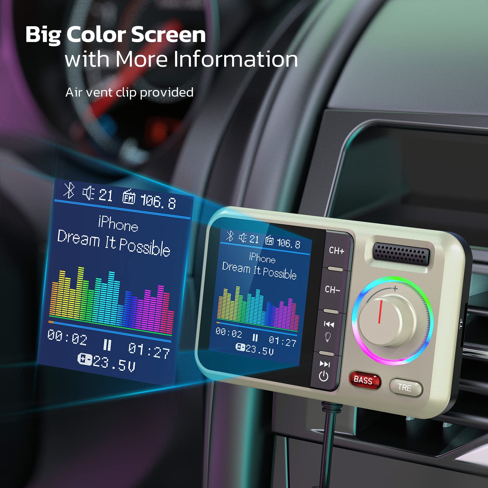 Nulaxy Bluetooth Fm Transmitter For Car, Wireless Car Bluetooth Adapter With Big Color Screen, Support Qc3.0 Fast Charging, Hands Free Call, Mp3 Music Player Bass&Tre Booster, Tf Card Aux Km28 Yellow