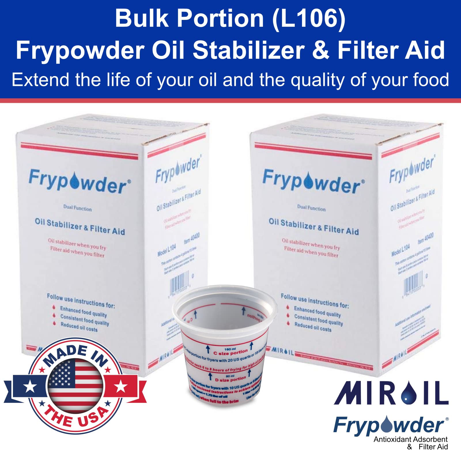 Miroil L106 8 Gal   Bulk Saver   2 X L104 Boxes Of Fry Powder Oil Stabilizer And Filter Aid, Cs Of 2 X 4 Gallons Of Powder   Fry