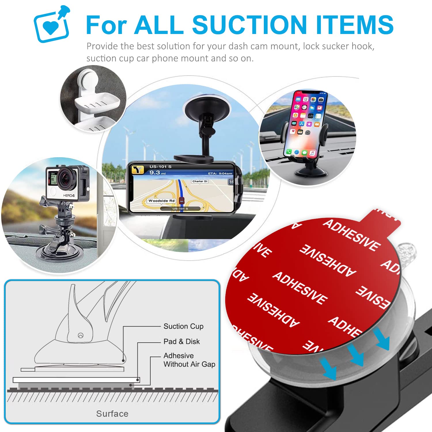 Azxyi 6 Pcs Windshield Mount Adhesives For Suction Cup Mount, 80Mm(3.15 Inches) Circle Double Sided Sticker Pads For Dashboard Mounting Disk And Windshield Camera, Gps, Car Phone Mount