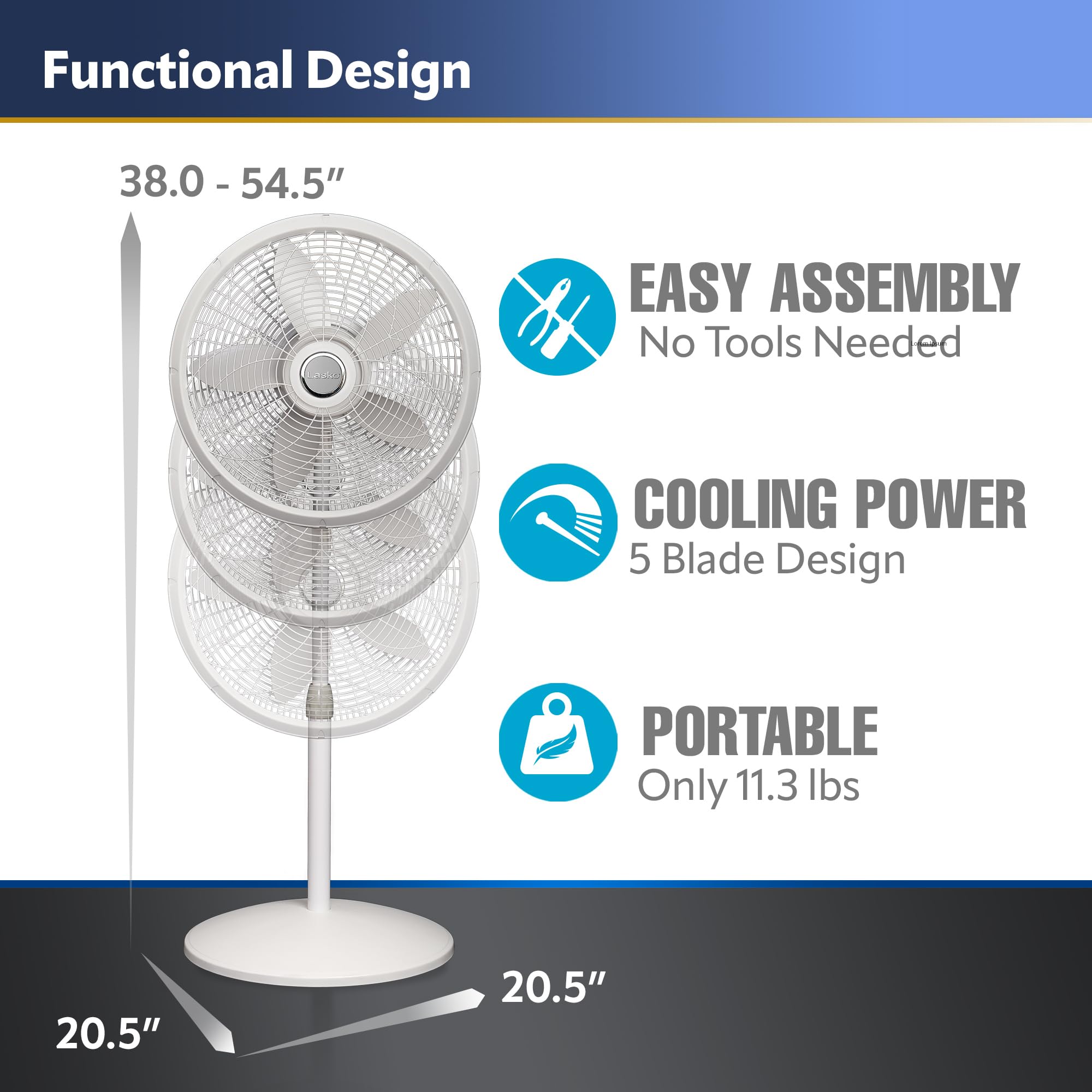 Lasko Oscillating Pedestal Fan, Adjustable Height, 3 Speeds, For Bedroom, Living Room, Home Office And College Dorm Room, 18'',