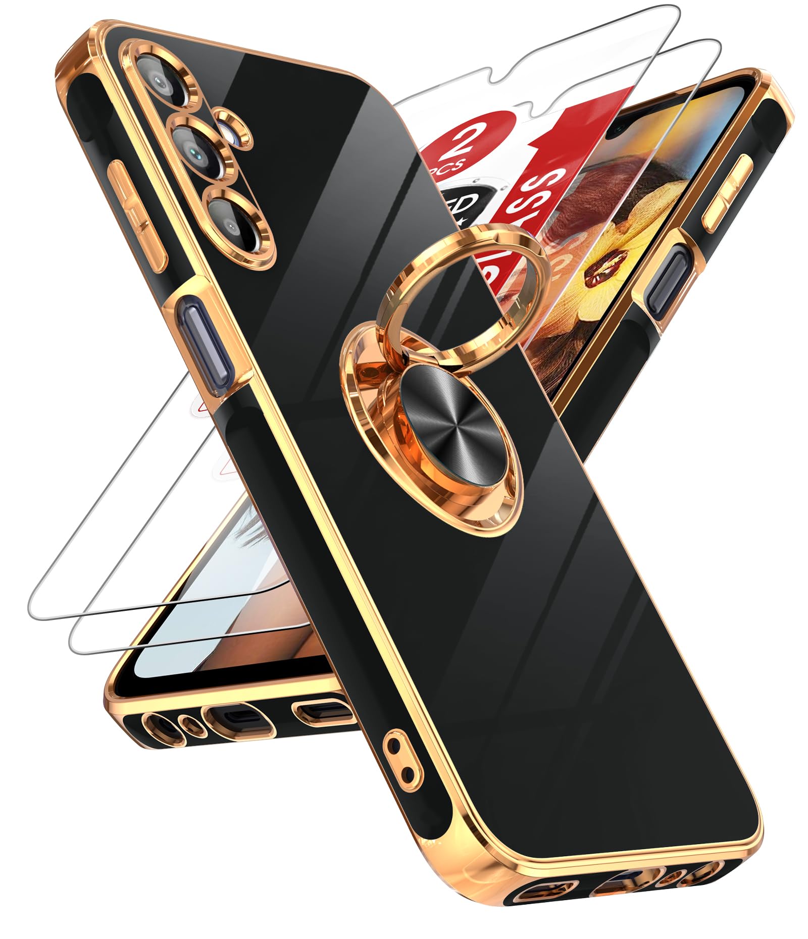 Leyi For Galaxy A15 5G Phone Case: With [2 Pack] Tempered Glass Screen Protector 360 Rotatable Ring Holder Magnetic Kickstand, P