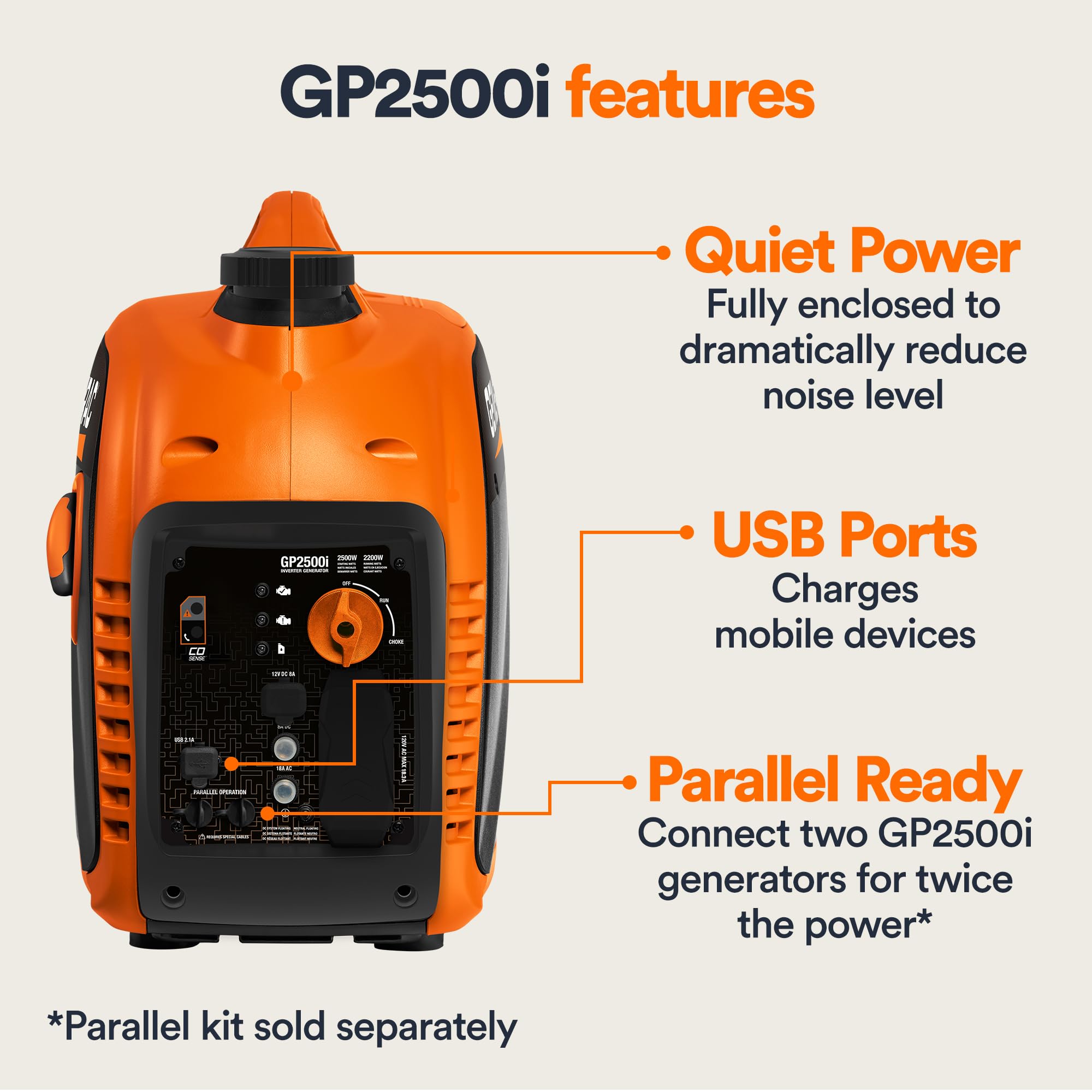Generac 8250 Gp2500I 2,500 Watt Gas Powered Portable Inverter Generator   Compact And Lightweight Design With Parallel Capabilit