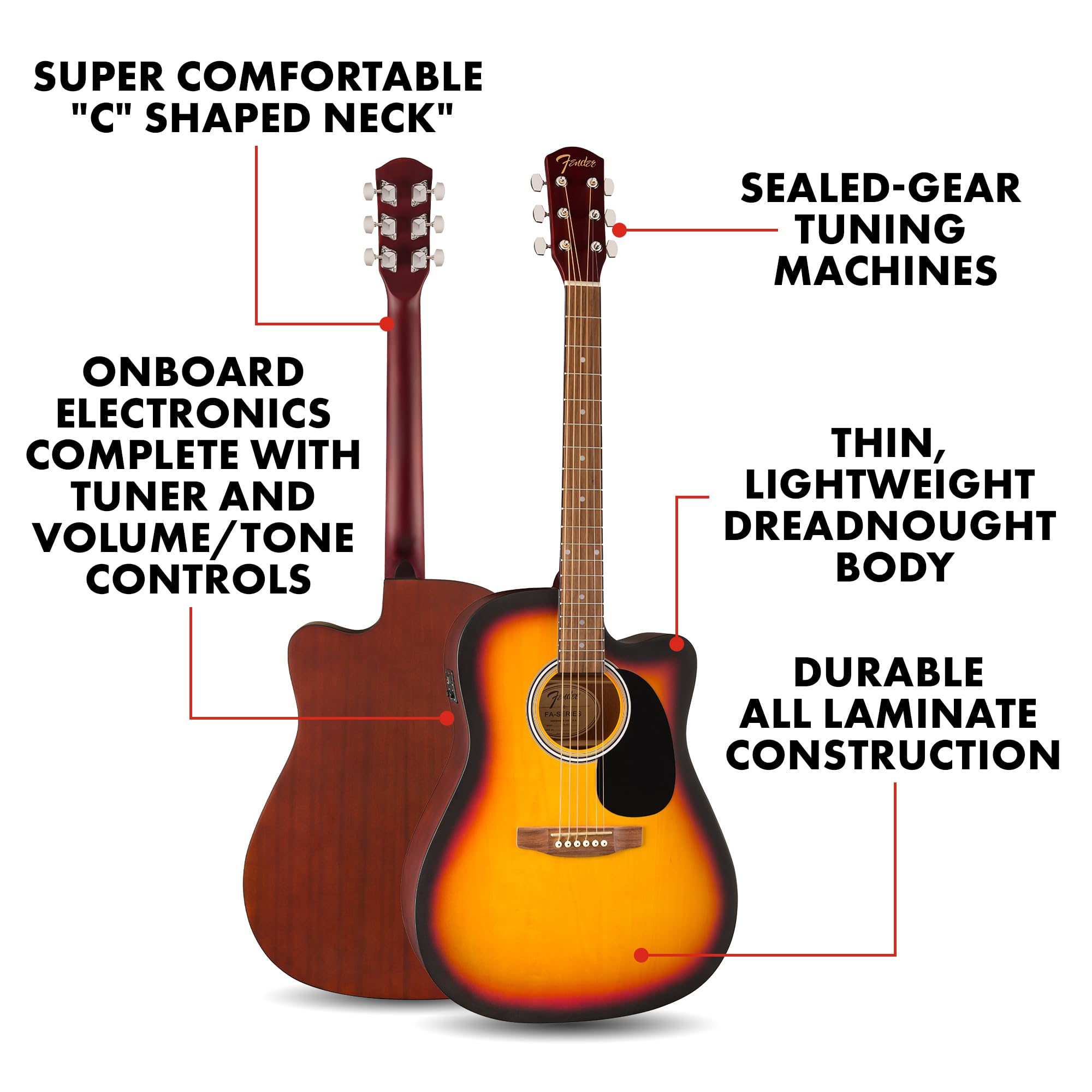 Fender Fa 25Ce Dreadnought Acoustic Electric Guitar, Beginner Guitar, With 2 Year Warranty, Includes Built In Tuner And On Board