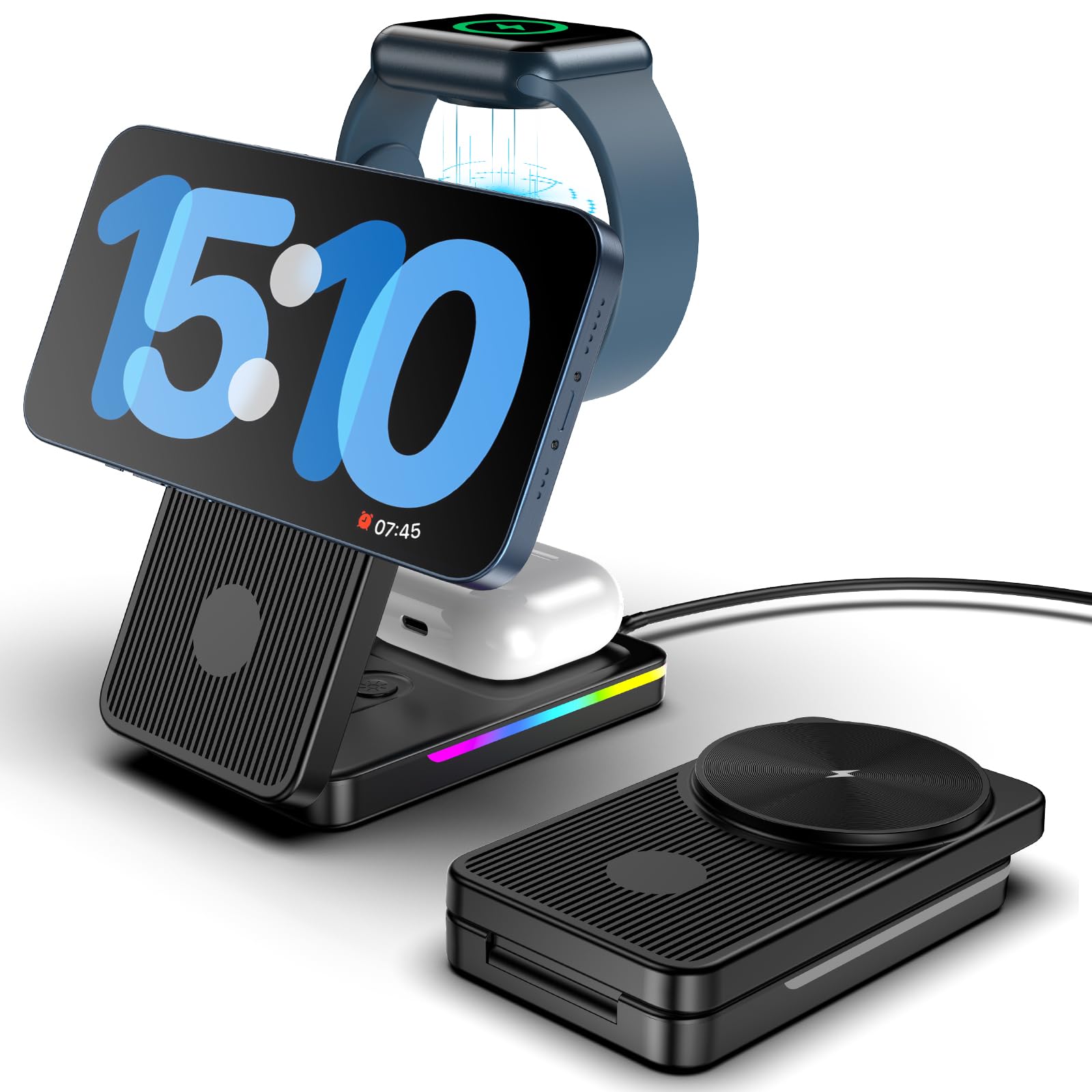 Wireless Charging Station For Apple Magsafe Charger, 3 In 1 Magsafe Charger Stand For Iphone 15 Pro Max/14/13/12, Foldable Magsa