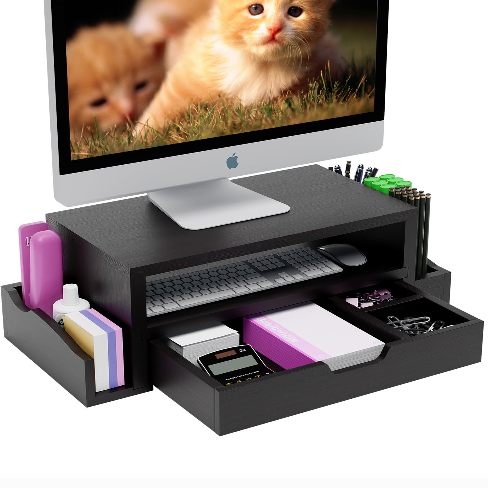 Simple Trending Monitor Stand Riser And Computer Wood Desk Organizer With Drawer And Pen Holder For Laptop, Computer, Imac, Blac