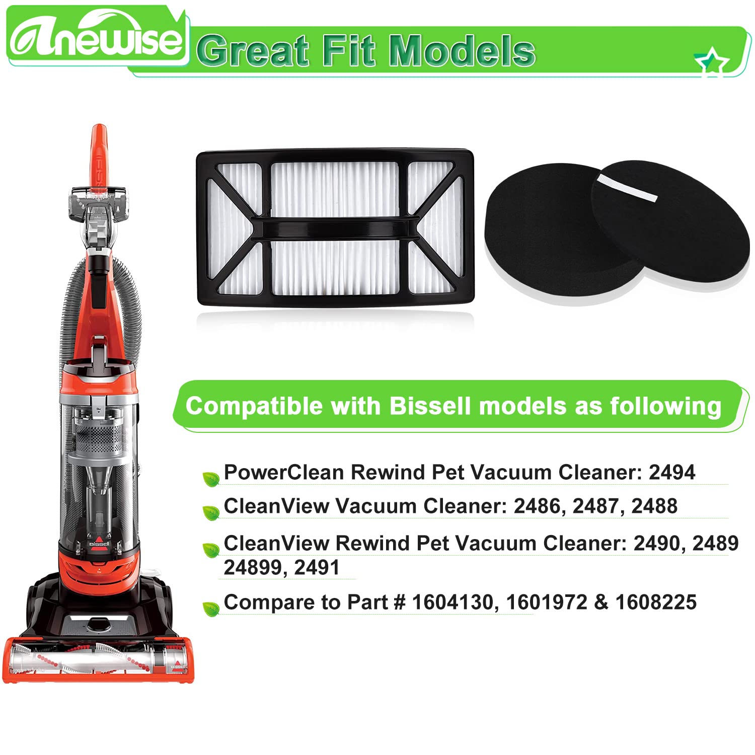 Anewise Filter Replacement For Bissell Cleanview 2486, 2487, 2488, 2490, 2492, Powerclean 2494 Vacuum, Compare To Part # 1604130