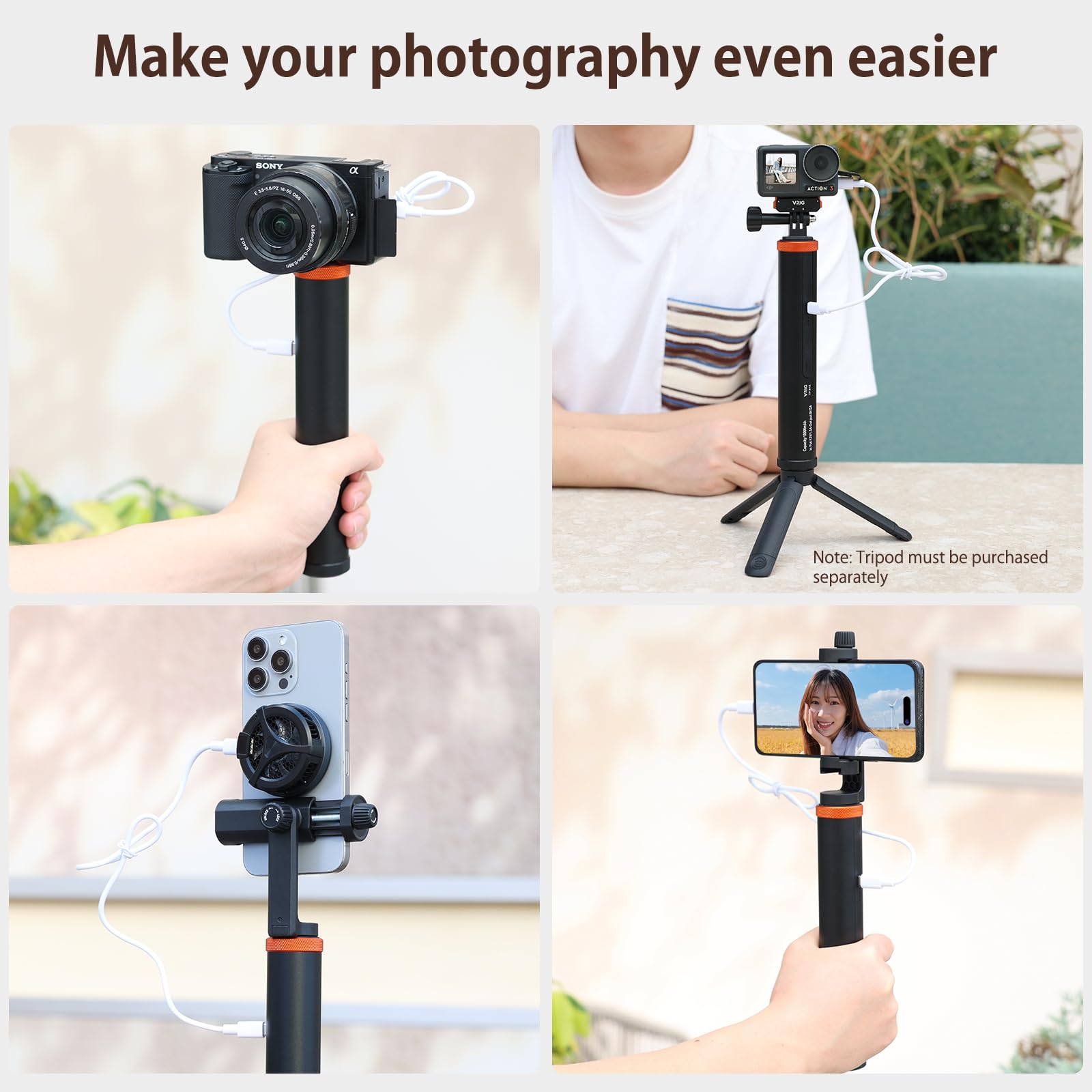 Vrig Battery Handle Grip,10000Mah Power Bank Grip Portable Charger Monopod For Dji Osmo Action 5Pro/4/3 Dlsr Ace Pro Pocket3 Sma