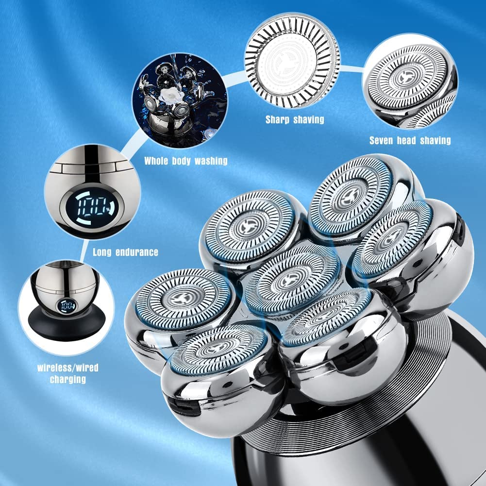Head Shavers For Bald Men, Wjiang 6 In 1 Electric Razor Mens Shaver Wet Dry Cordless Electric Skull Shavers 7D Floating Recharge