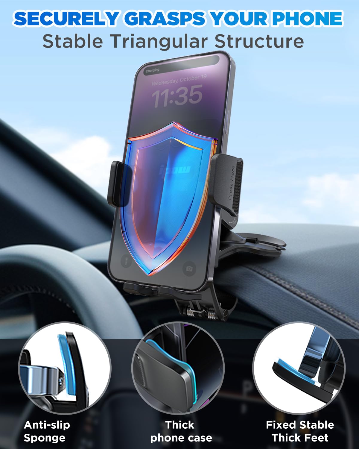 Ipow Car Dashboard Phone Clip Holder, 360 Degrees Rotation Dash Steering Wheel Phone Clamp Mount Compatible With Iphone 15 14 13