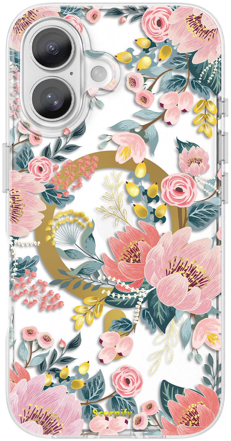 Scorpify For Iphone 16 Case [Compatible With Magsafe] With Pink Epiphyllum Floral Design, Cute Clear Flower Magnetic Phone Cover