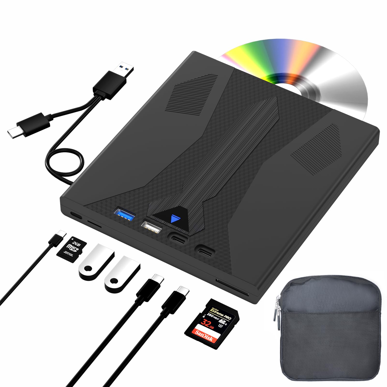 8 In 1 External Blu Ray Drive, Usb 3.0 And Type C Blu Ray Burner Portable Blu Ray Dvd/Cd/Bd Player, Support 100G Disc 3D Optical