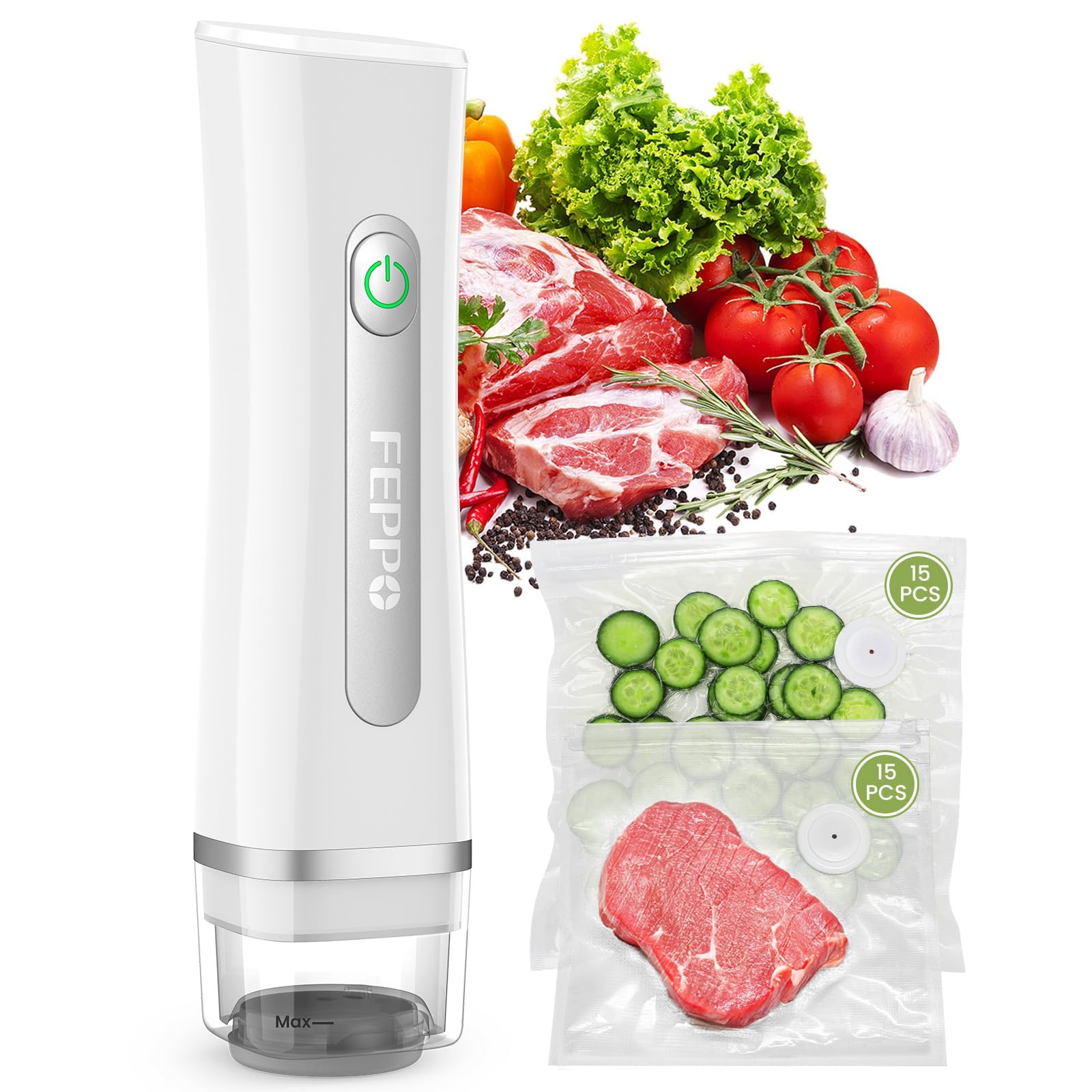 FEPPO Vacuum Sealer for Food with Visible Water Tank, Handheld Saver Compact Vacuum Sealer Machine with 30 Reusable Bags for 6X 