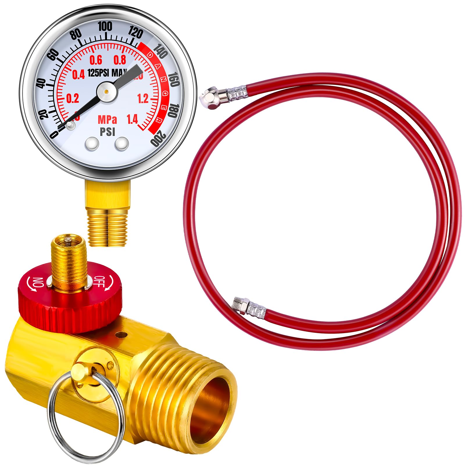 Peryiter Air Tank Repair Kit Including Safety Valve, 0 200 Psi Pressure Gauge And 4 Feet Air Tank Hose Assembly Kit(Red)
