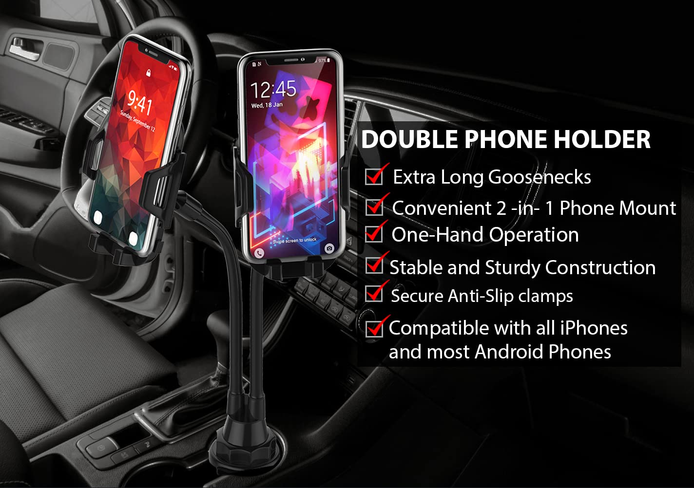 Caviana Double Phone Holder For Car Cup Holder   Extra Long And Flexible Neck, 360