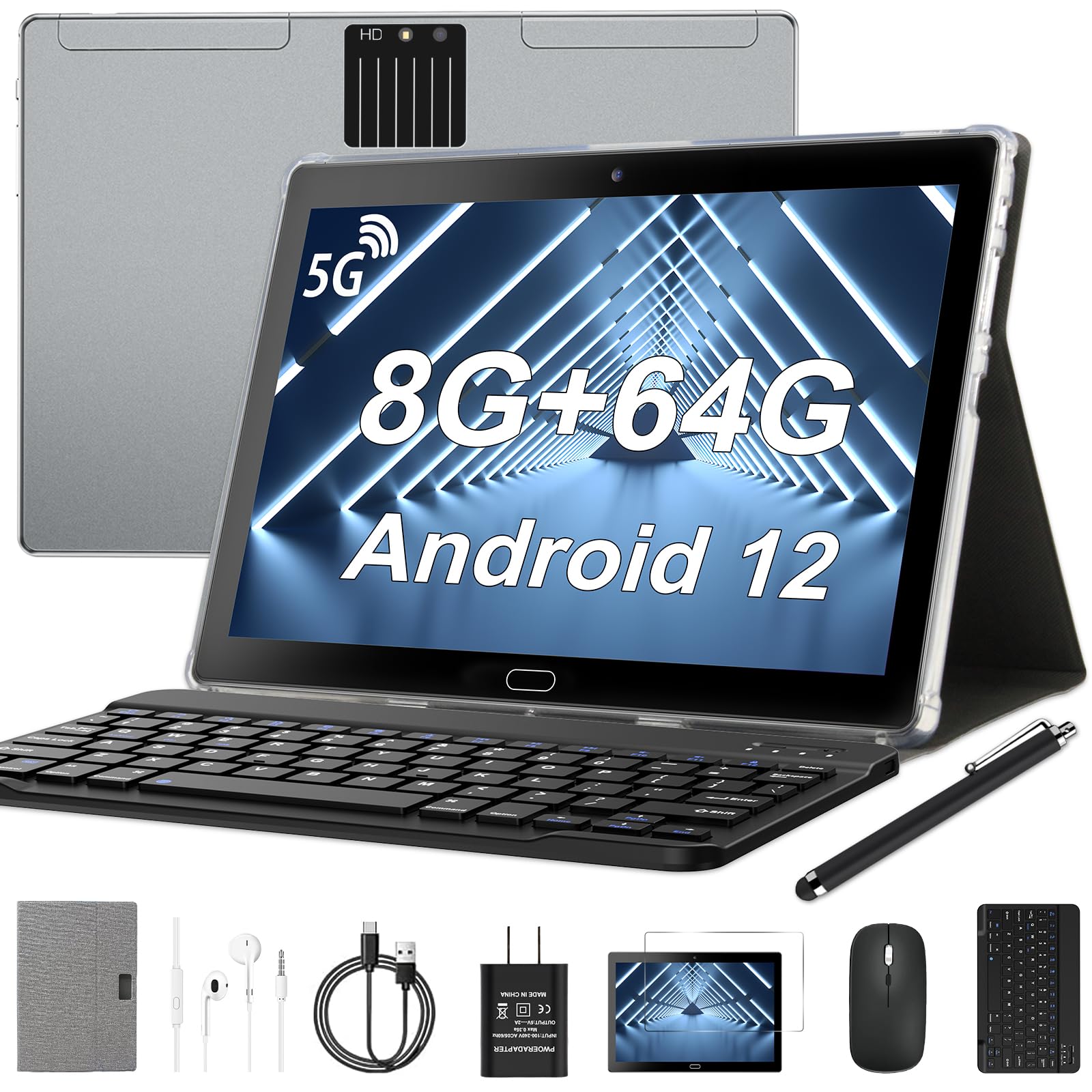 Tablets 10.1 Inch Android 12 Tablet, 8+64Gb+1Tb, Dual Camera, Ips Fhd Display, 2.4G/5G Dual Band Wifi, Bluetooth, 6000Mah Batter