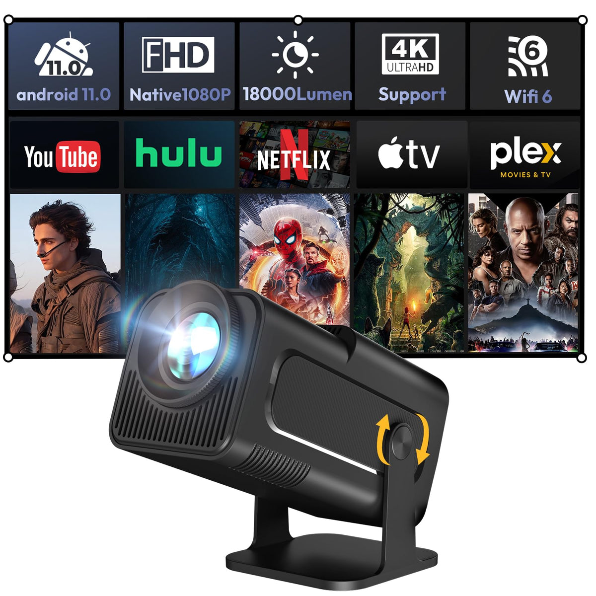 Smart Mini Projector Xgody Gimbal5 Android 11 Full Hd Projector Native 1080P 4K Support 5G Wifi 6 Bluetooth 5.0 Home Movie Proje