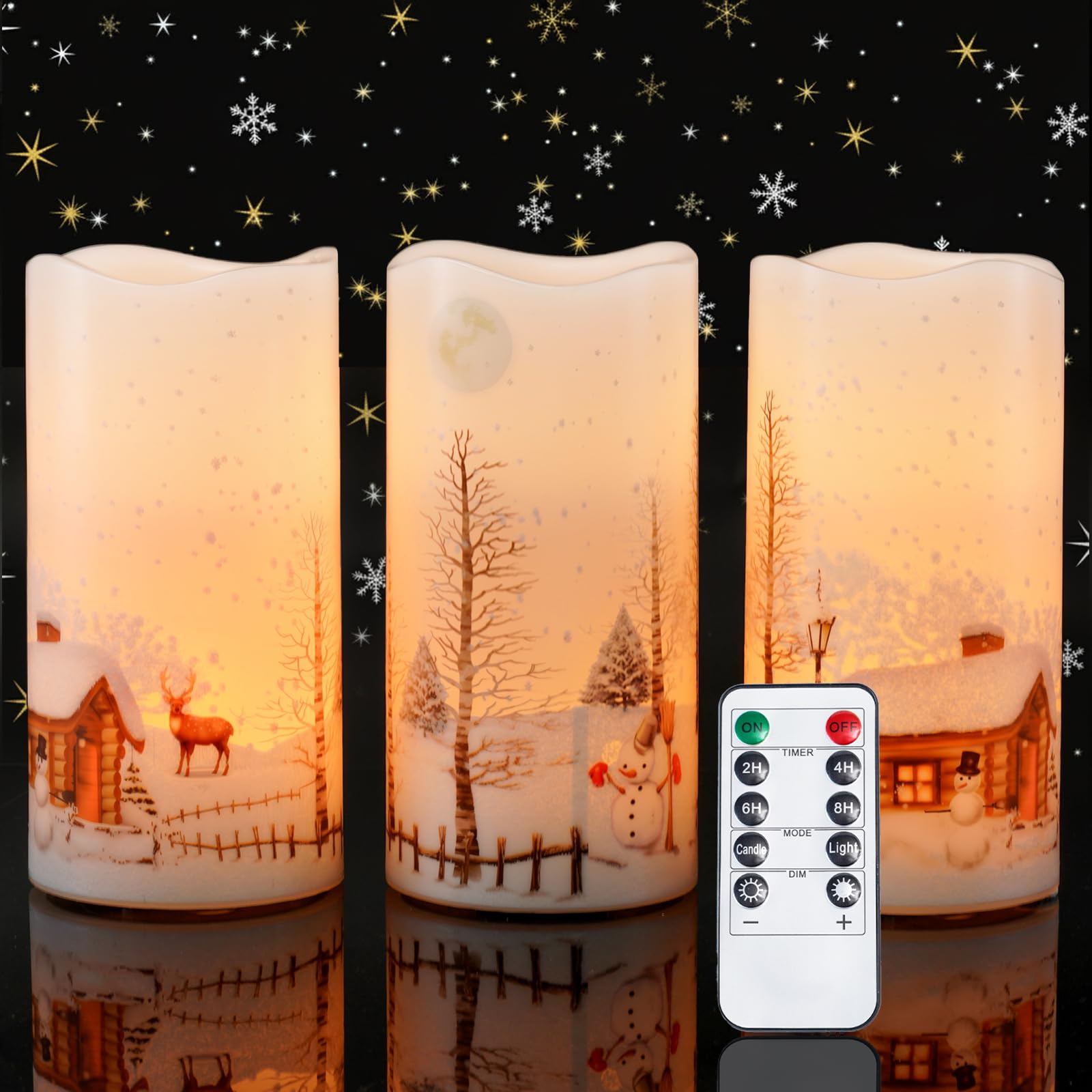 Homemory Christmas Flameless Candles Battery Operated with Snowman, Remote Control and Timers, Real Wax LED Pillar Candles for R