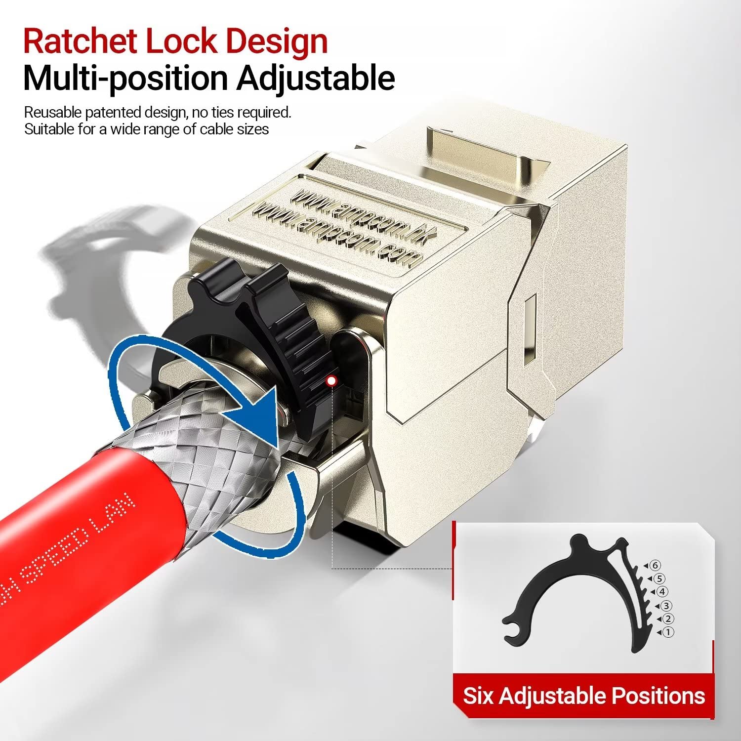 Ampcom Cat6A Keystone Jack Ratchet Zip Tie Design, 10Gbps 500Mhz Shielded Zinc Alloy Rj45 Tool Free Keystone Connector 12 Pack