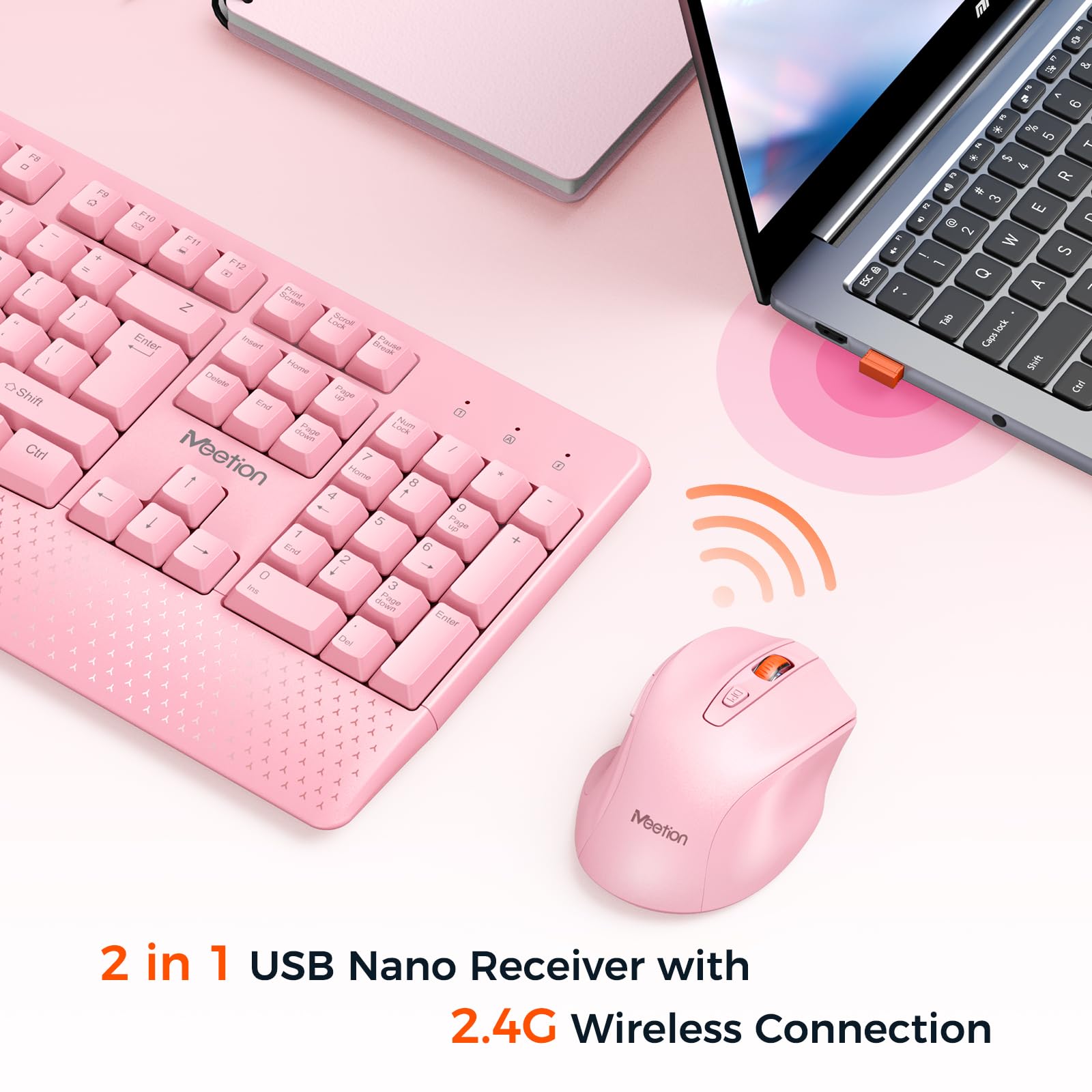 Meetion Wireless Keyboard And Mouse, Computer Keyboard Mouse, 3 Dpi Adjustable Usb A And Usb C Adapter Full Sized Cordless Keybo