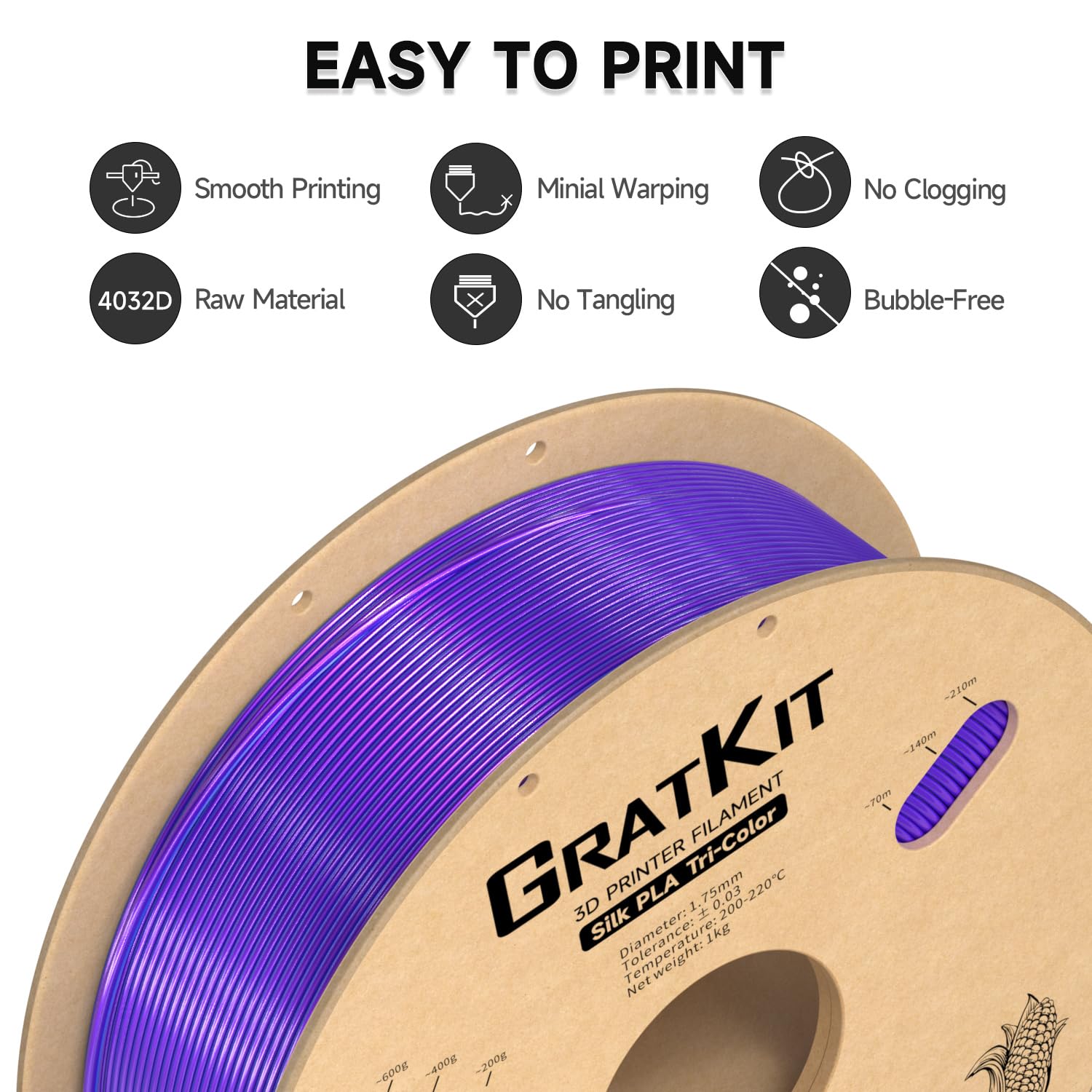 Gratkit Silk Tri-Color Pla Filament,Coextrusion Pla Filament 1.75Mm, +/-0.03Mm, 1Kg/Roll, Silk Pla Blue & Purple & Black