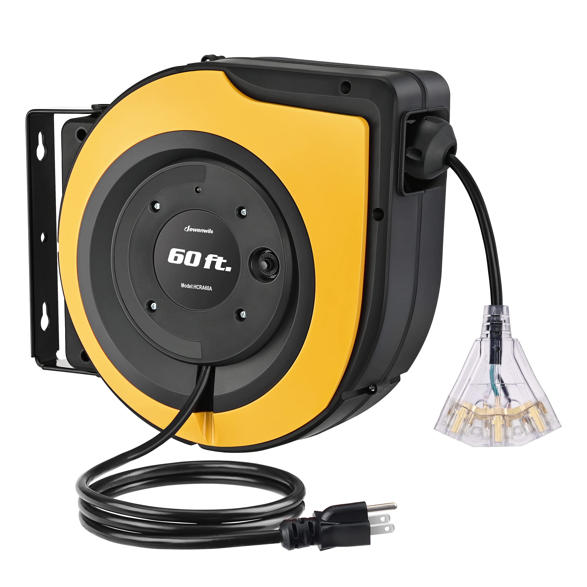 Dewenwils Retractable Cord Reel, 60 Ft Heavy Duty Extension Cord, 12Awg/3C Sjtow, 3 Grounded Outlets Lighted Triple Tap, 15A Cir