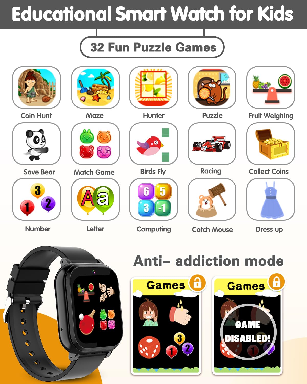 Kids Waterproof Smart Watch Boys Toys Age 5-12 With 32 Games, Dual Camera, Habit Tracking, Music Player, Video, Alarm Clock, Hd