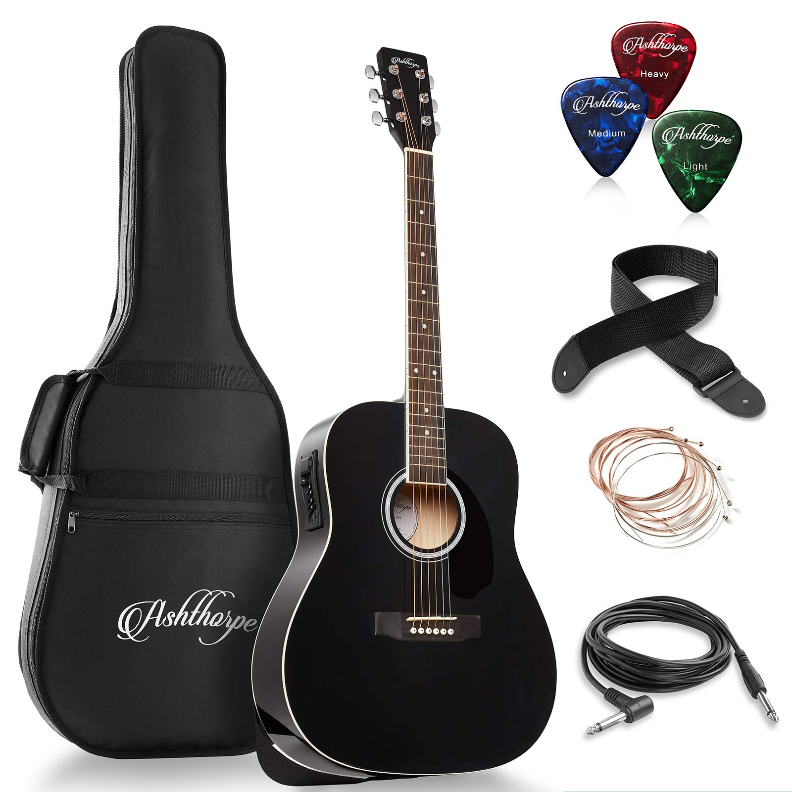 Ashthorpe Full Size Dreadnought Acoustic Electric Guitar Bundle   Premium Tonewoods   Black