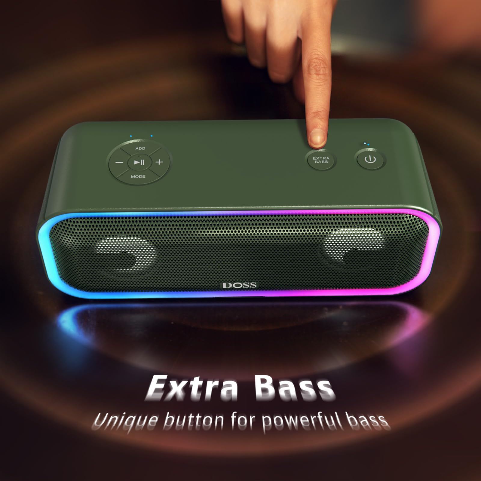 Doss Soundbox Pro+ Bluetooth Speaker With 24W Impressive Sound, Booming Bass, Ipx6 Waterproof, 15Hrs Playtime, Wireless Stereo Pairing, Mixed Colors Lights, 66 Ft  Green