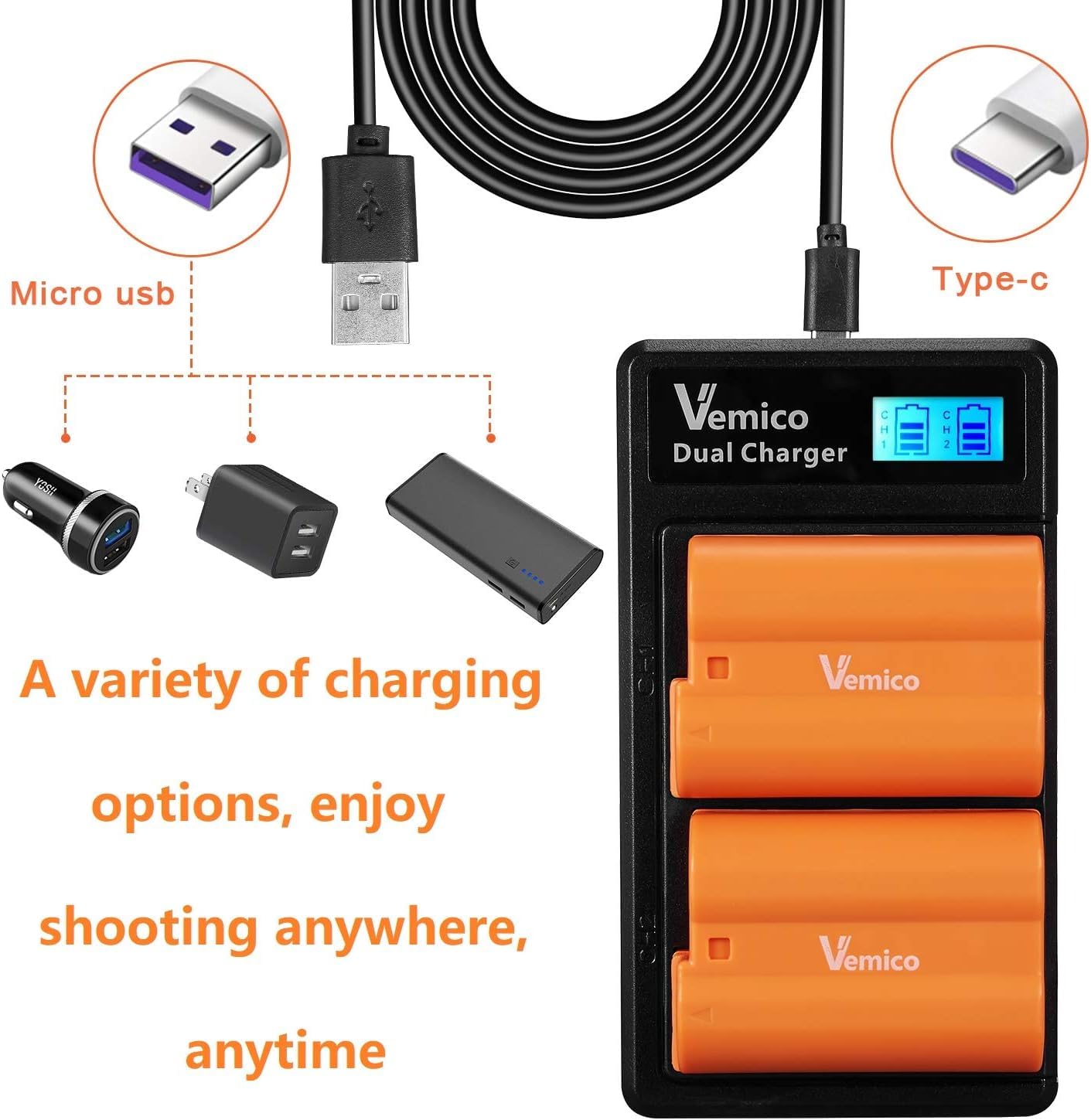 Vemico En El15 En El15A/El15B/El15C Battery Charger Kit 2X2100Mah Replacement Batteries With Dual Slot Lcd Charger For D810 D750