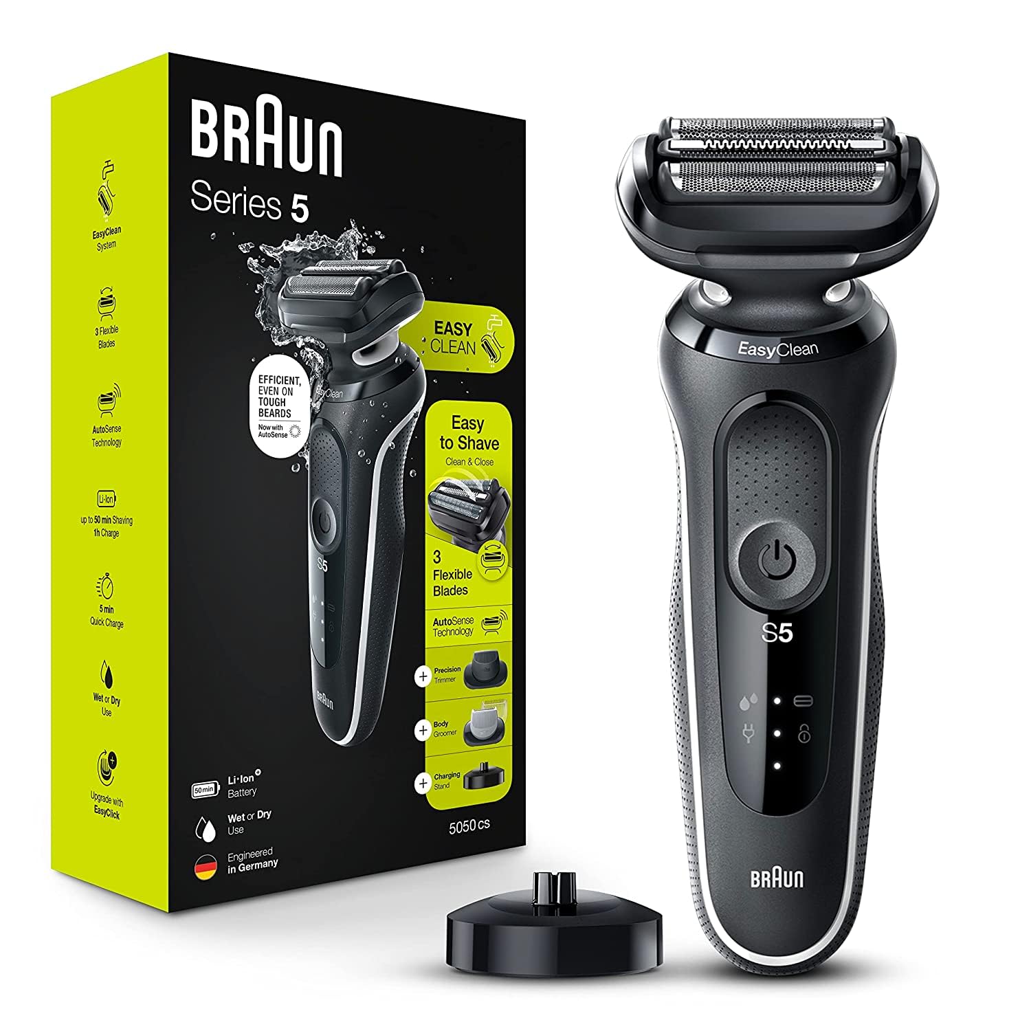 Braun Electric Razor For Men, Waterproof Foil Shaver, Series 5 5050Cs, Wet & Dry Shave, With Beard Trimmer And Body Groomer, Rec