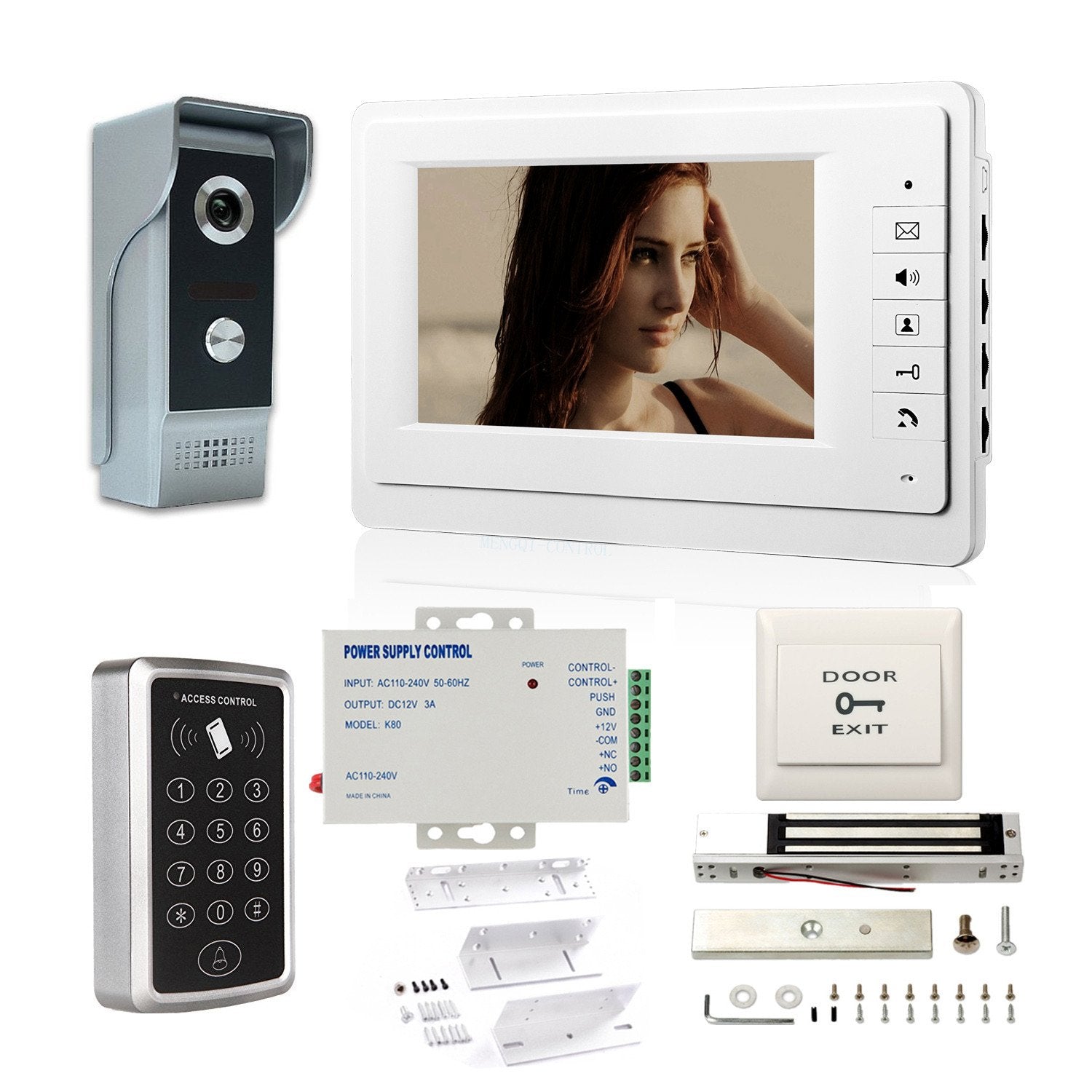 Mengqi Control 7'' Lcd Video Door Phone Intercom Systems Via Password Open Door 600Lbs Electronmagnetic Lock Access Control & Power Unit & Zl Bracket Full Kits