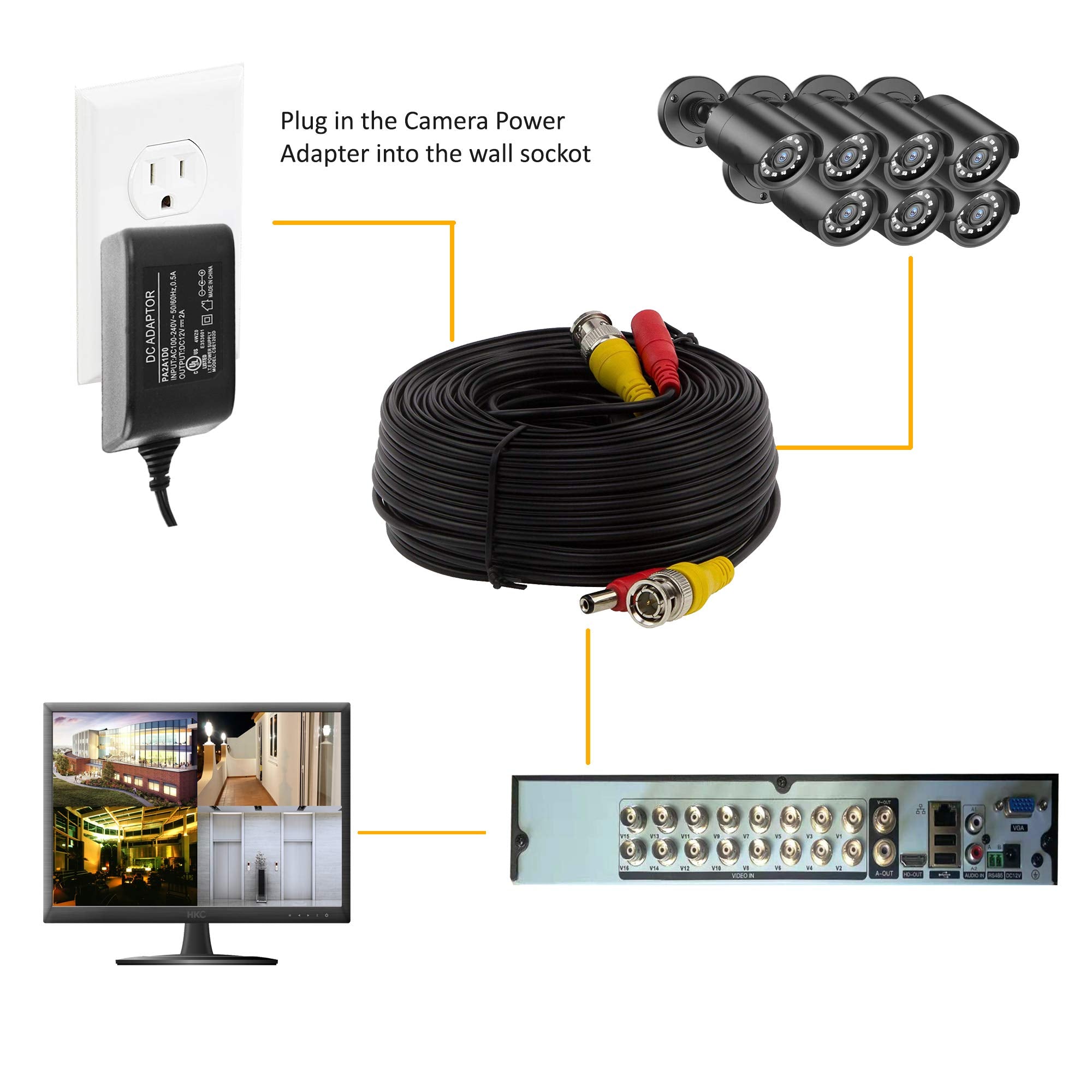 100Ft Pre Made All In One Bnc Video And Power Cable With Connector For Surveillance Cctv Security Camera Video System   Black