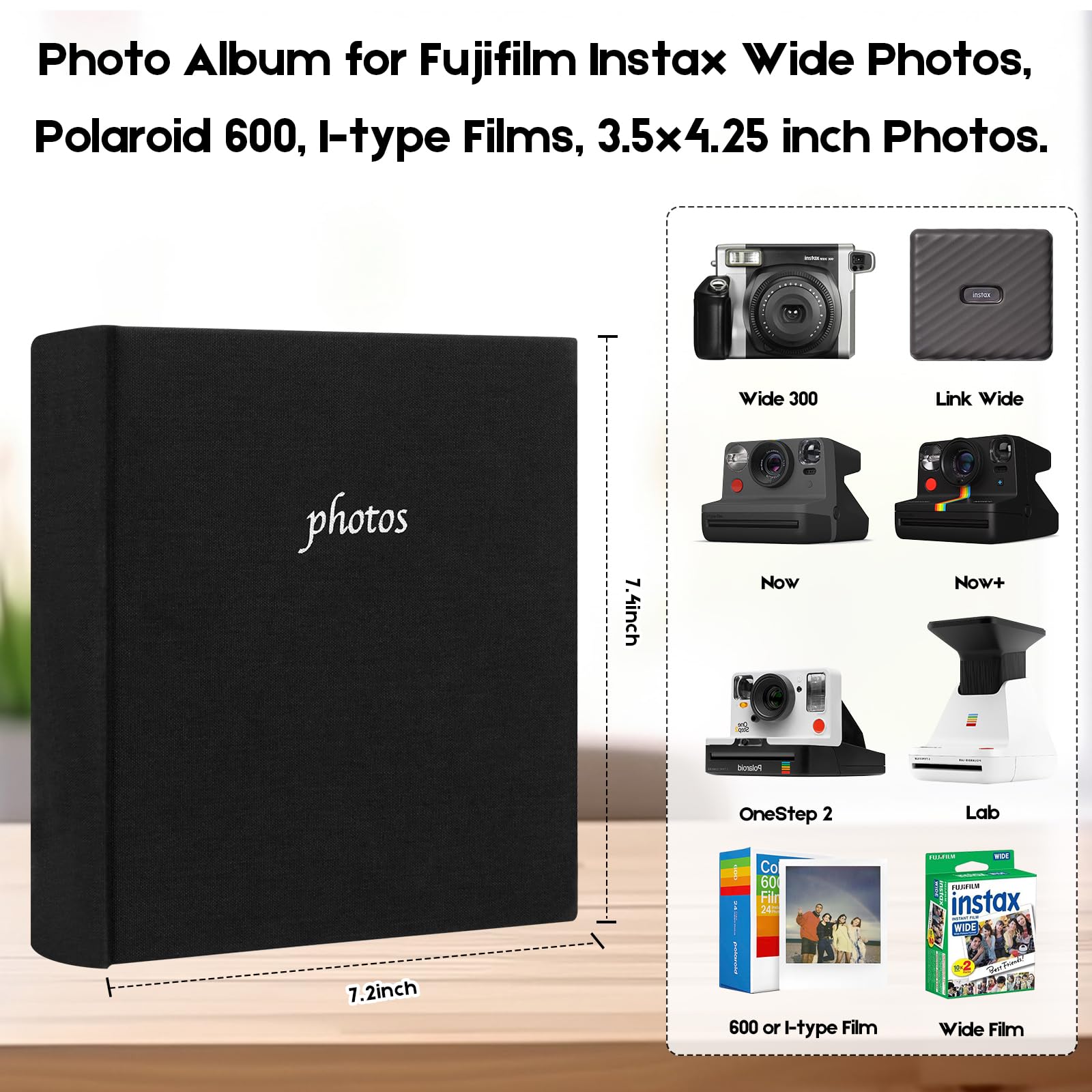 Photo Album For Fujifilm Instax Wide 300 Camera, Linen Cover, 120 Pockets Photo Album With Writing Space For Polaroid Now Onestep2 Onestep+ Instant Camera, Pop Lab Print Camera (Black)