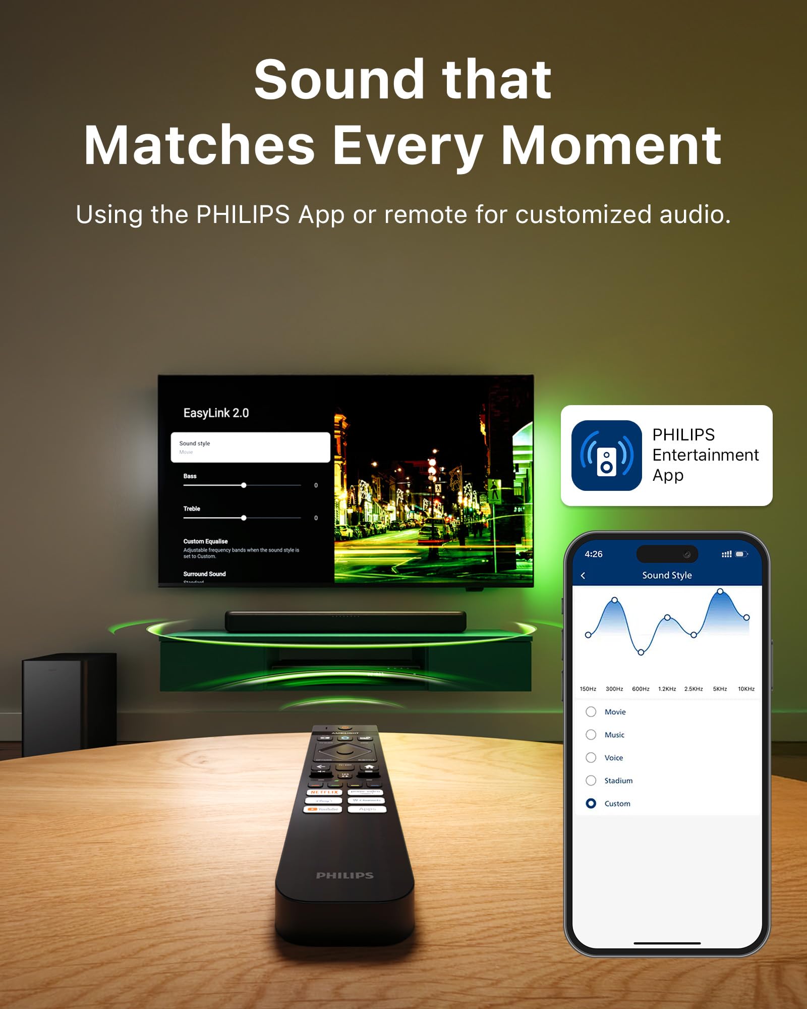 Philips B5309 Soundbar 2.1 With Wireless Subwoofer And Immersive Dts Virtual:X Audio Technology   240W Max Power, Deep Bass, Blu