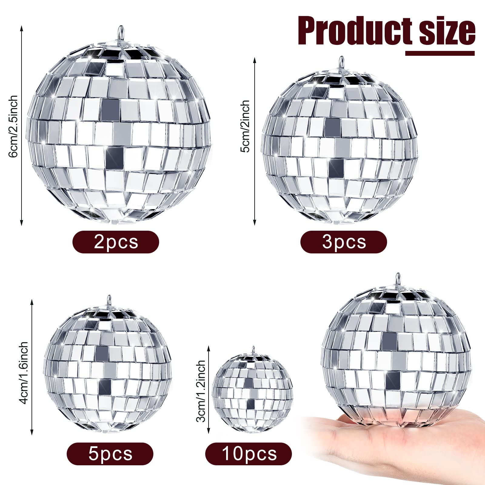 Mtlee Christmas Disco Balls Ornaments Hanging Mini Mirror Disco Balls With Rope Different Size Cake Topper Bulk Disco Themed Par