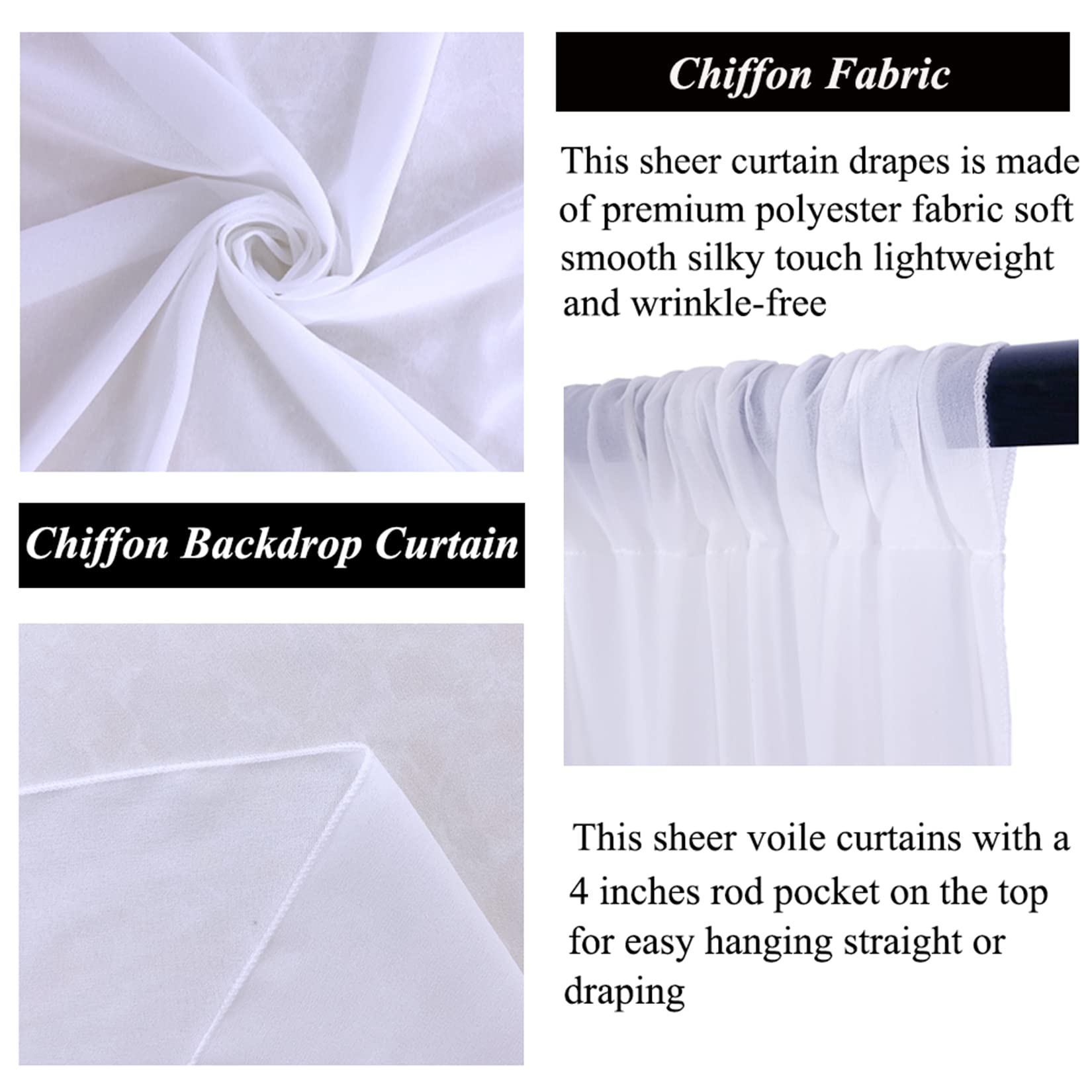 Fuhsy White Chiffon Curtains 2 Panels Sheer Backdrop Curtains 10X10 Ft Chiffon Backdrop Drapes Wedding Backdrop Curtain Semi She