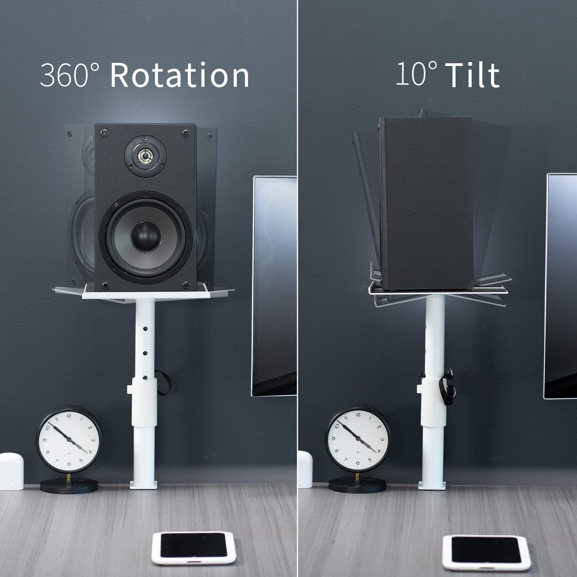 VIVO Clamp on Speaker Stand Desk Mount Set, 10 x 9 inch Trays, Height Adjustment and Tilt, Universal Audio Holders for Computer and Bookshelf Speakers, Elevated Sound, 2 Pack, White, MOUNT SP01CW