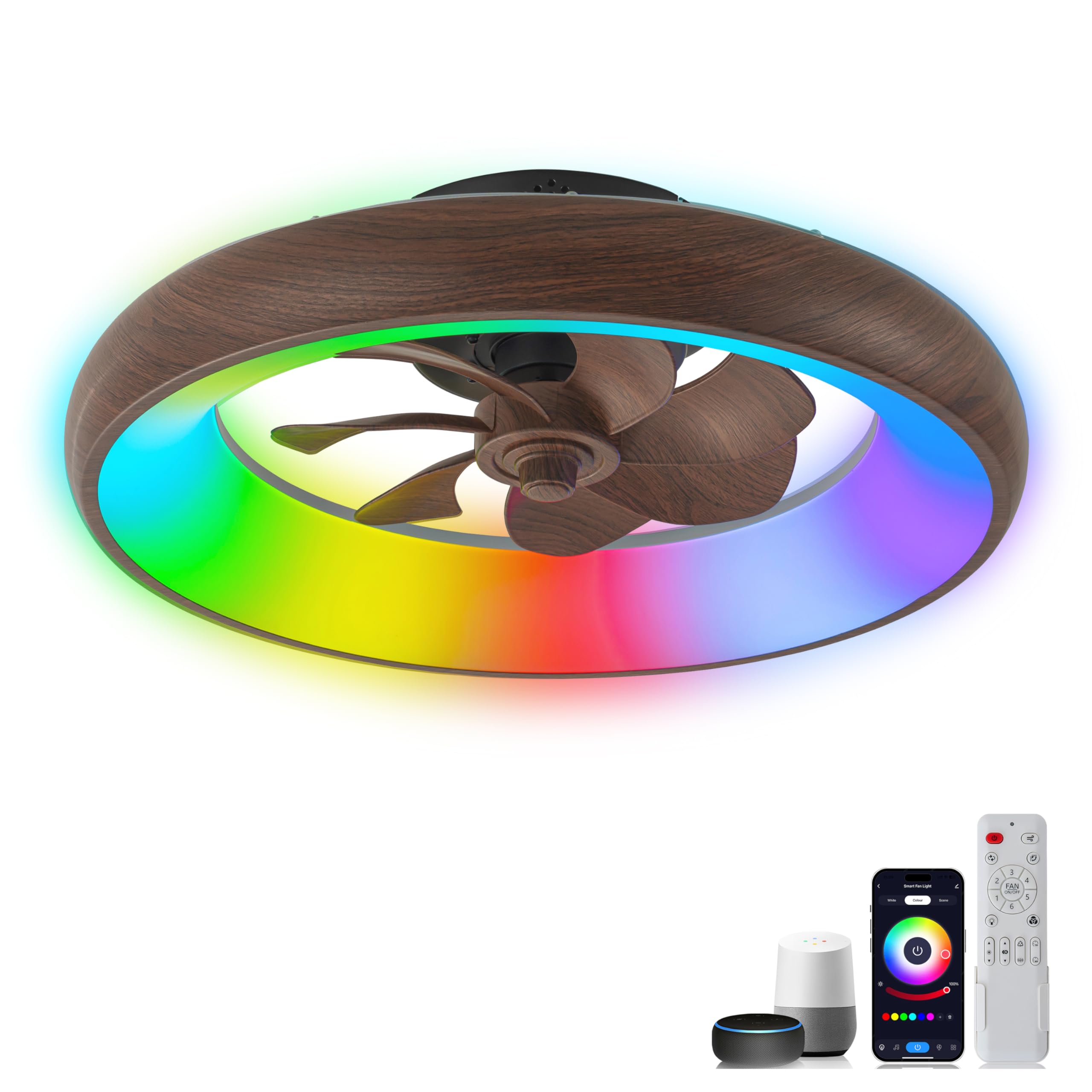 Low Profile Ceiling Fans with Lights, Dimmable Smart RGB Ceiling Fan With Alexa/Google Assistant/App/Remote Control, 6-Speeds Re