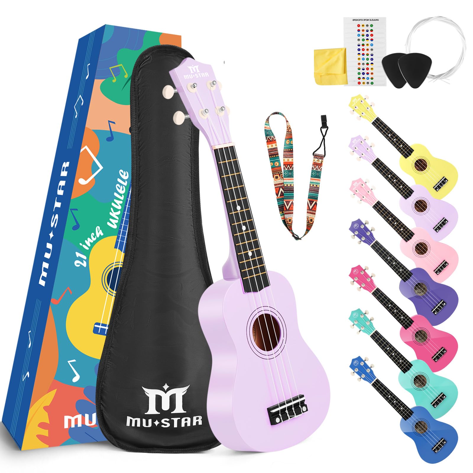 MUSTAR Soprano Ukulele for Beginners Kit - 21 Inch Basswood Ukuleles for Kids, Beginner, Ukulele Pack With Gig Bag, Strap, Purpl