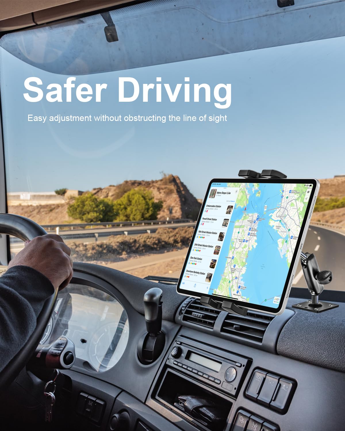 Woleyi Heavy Duty Drill Base Tablet Holder For Car/Truck - [Metal 360 Adjustable Arm] Dashboard Tablet Car Mount For Semi/Busine