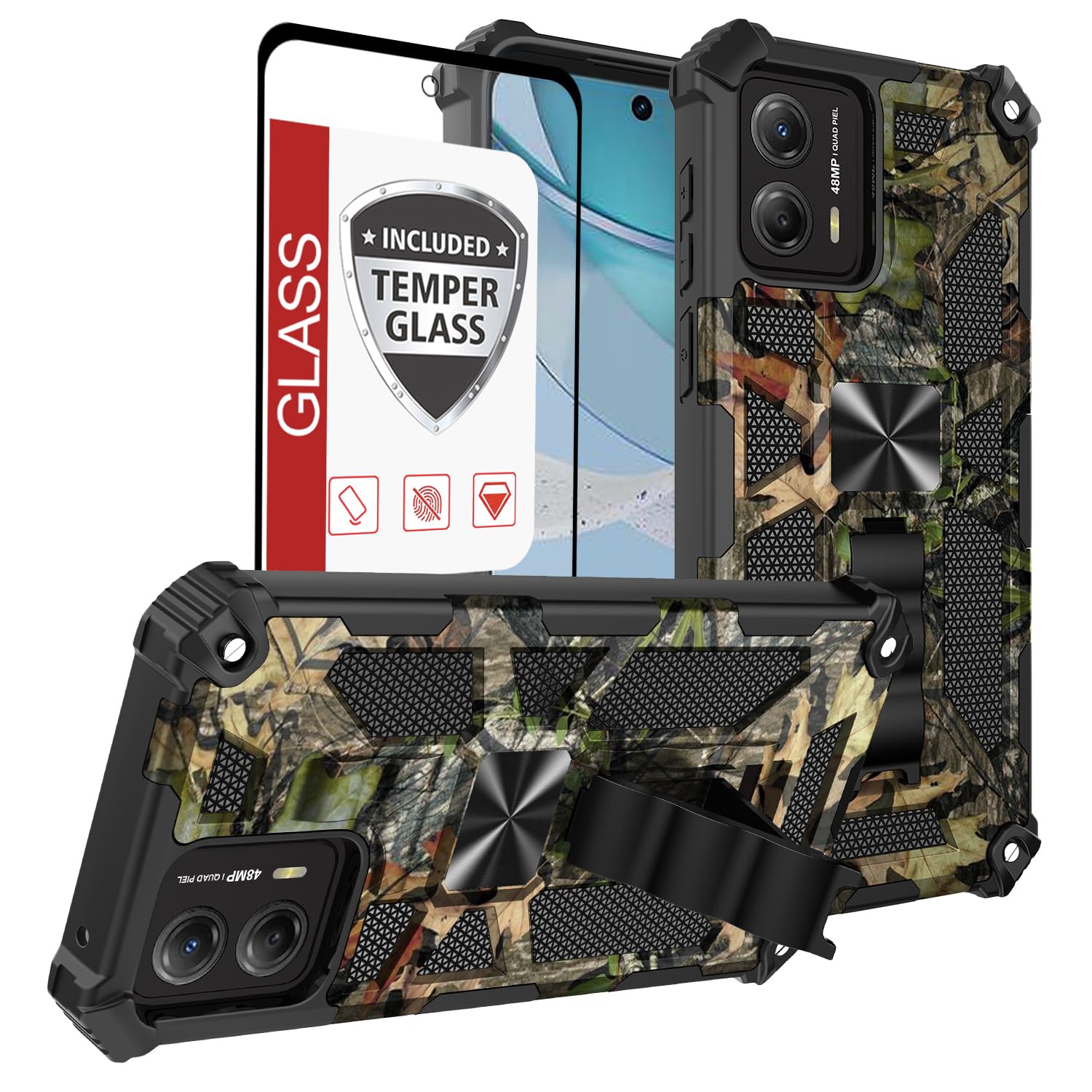 for Moto G 5G 2023 Phone Case w/Tempered Glass Screen Protector(Full Coverage) [Full-Body][15FT Mil-Grade][Built-in Kickstand] C